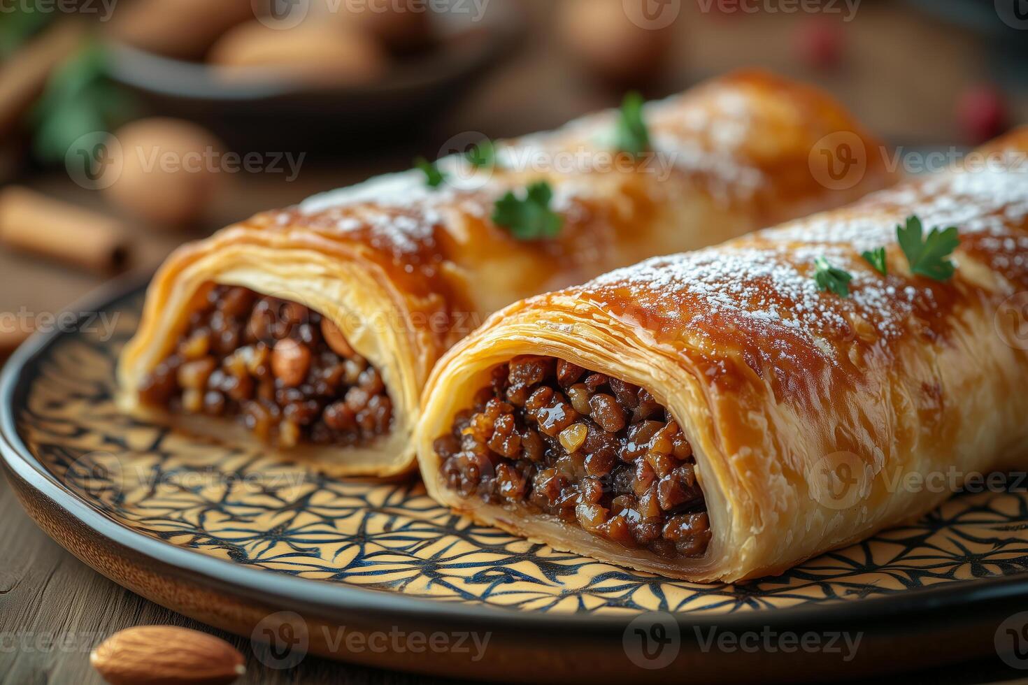 Moroccan bastilla, a golden crispy pie filled with spiced pigeon meat, almonds, and sugar, sprinkled with powdered sugar and cinnamon, served on a patterned ceramic plate, soft warm light photo