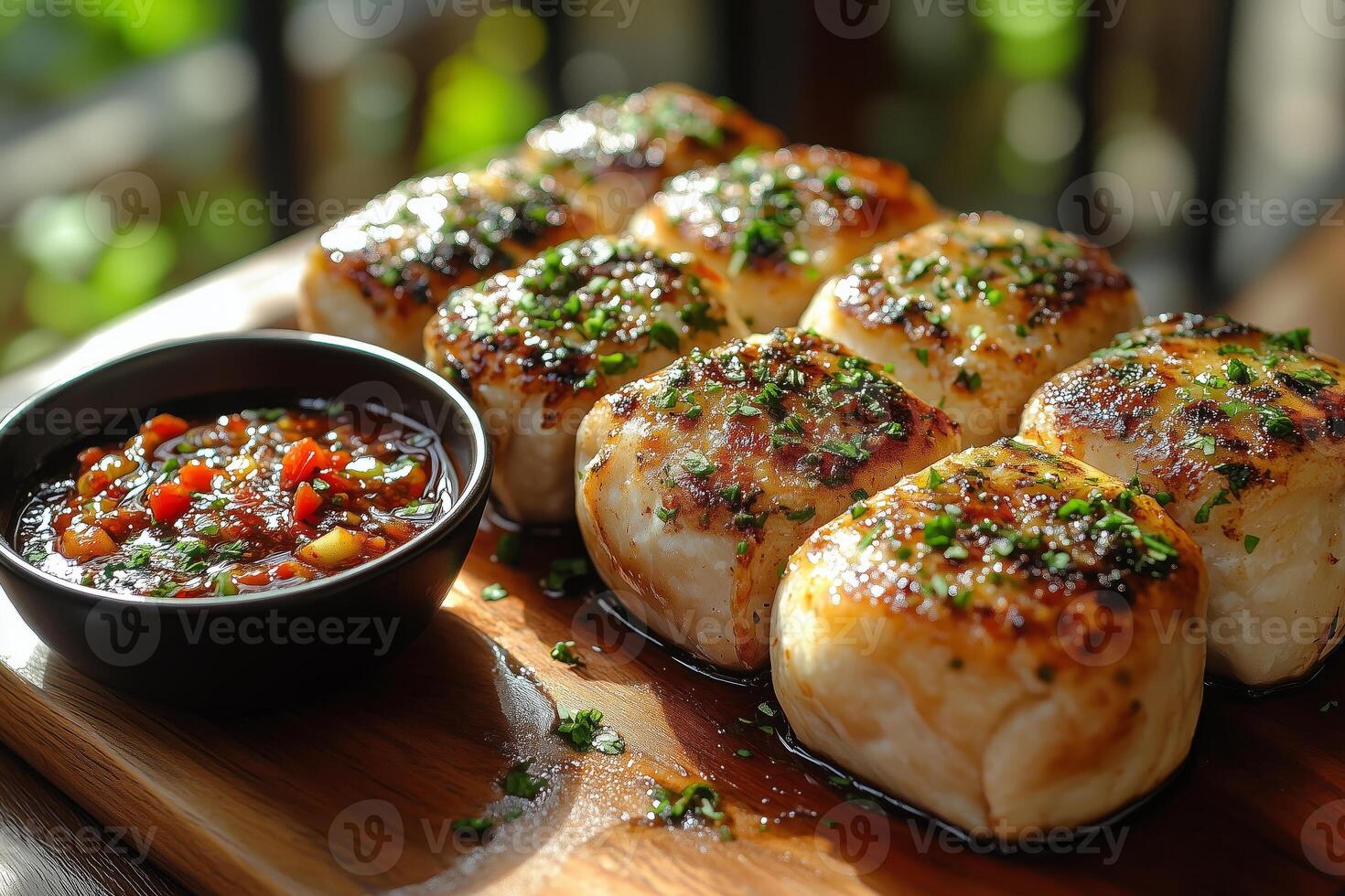 Bolivian saltenas, savory empanadas, with golden flaky crusts, stuffed with spicy meat and vegetables, served on a wooden board with a side of chili sauce, warm sunlight streaming in photo