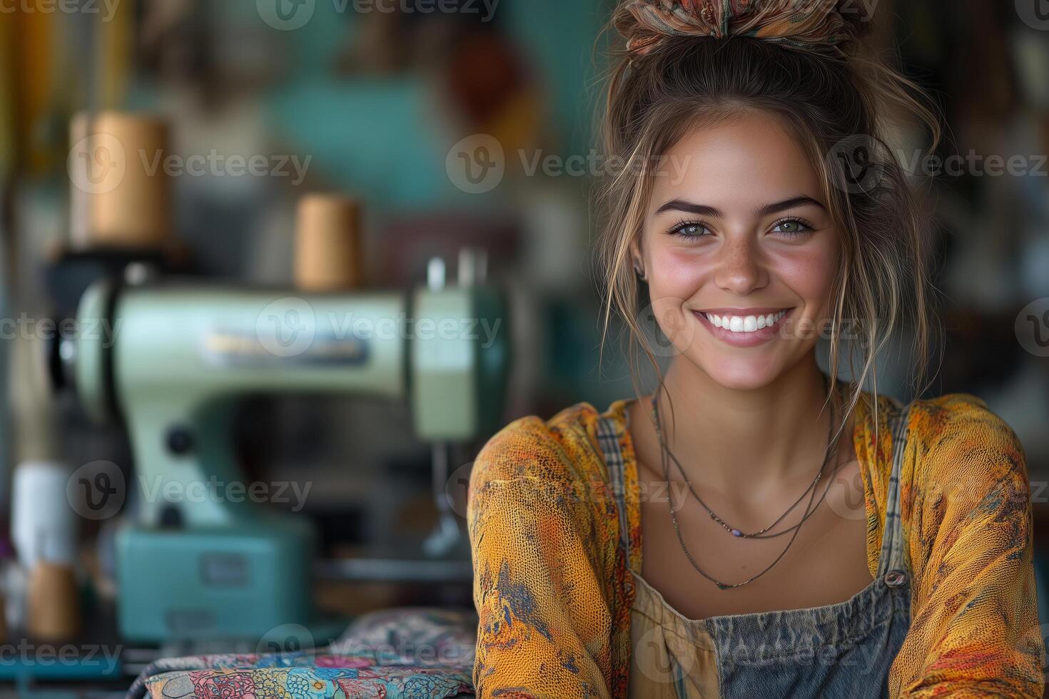 a female tailor in her small sewing workshop, smiling as she measures fabric on a table, with sewing machines, colorful textiles, and soft natural lighting photo