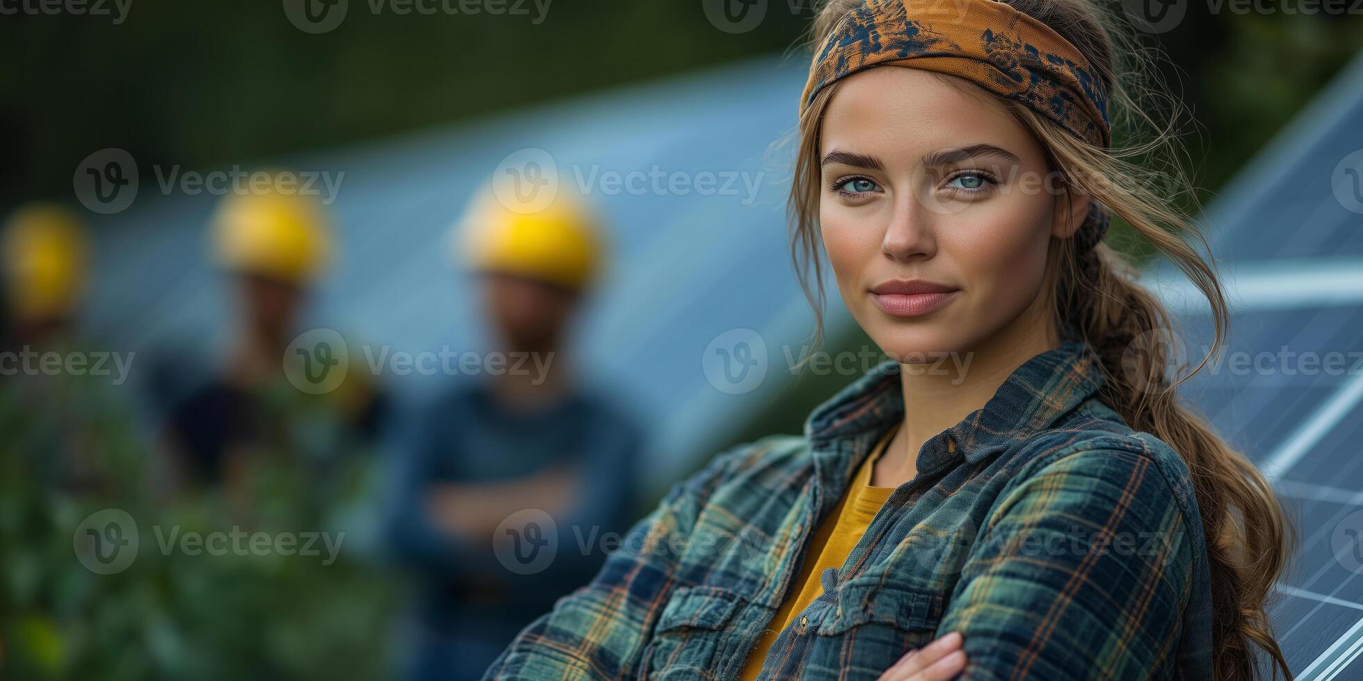 a female leader supervising a solar energy installation project for a cooperative, standing confidently beside solar panels with workers in the background, and a clear right side for branding photo