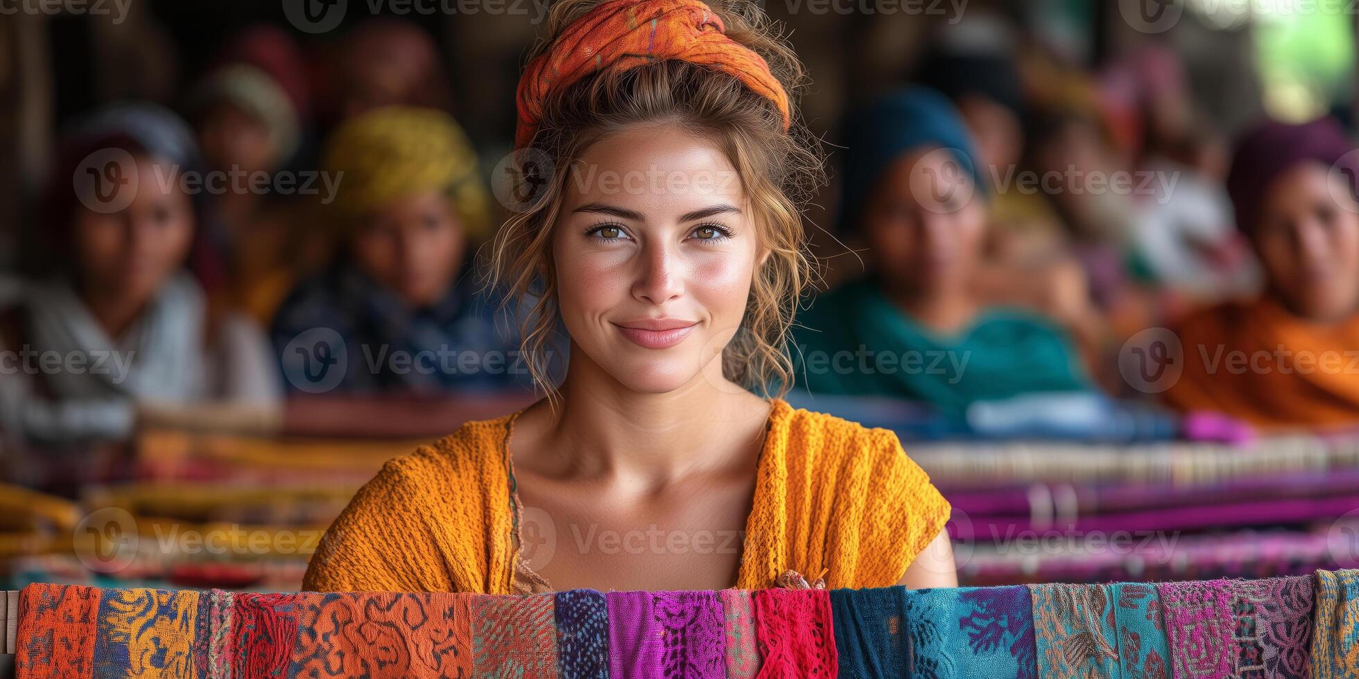 a female entrepreneur running a small textile cooperative, demonstrating weaving techniques to a group of women, surrounded by vibrant fabrics, with space on the right for branding photo