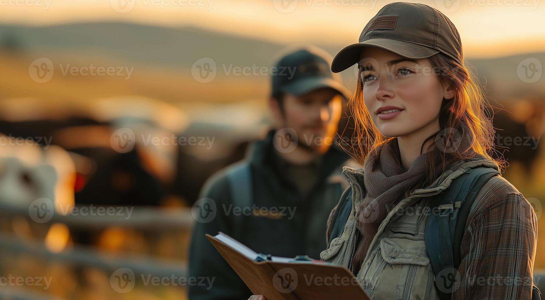 a female rancher standing near a herd of cattle, holding a notebook and talking to a farmhand, with a wooden fence and open pastures in the background under golden sunlight photo
