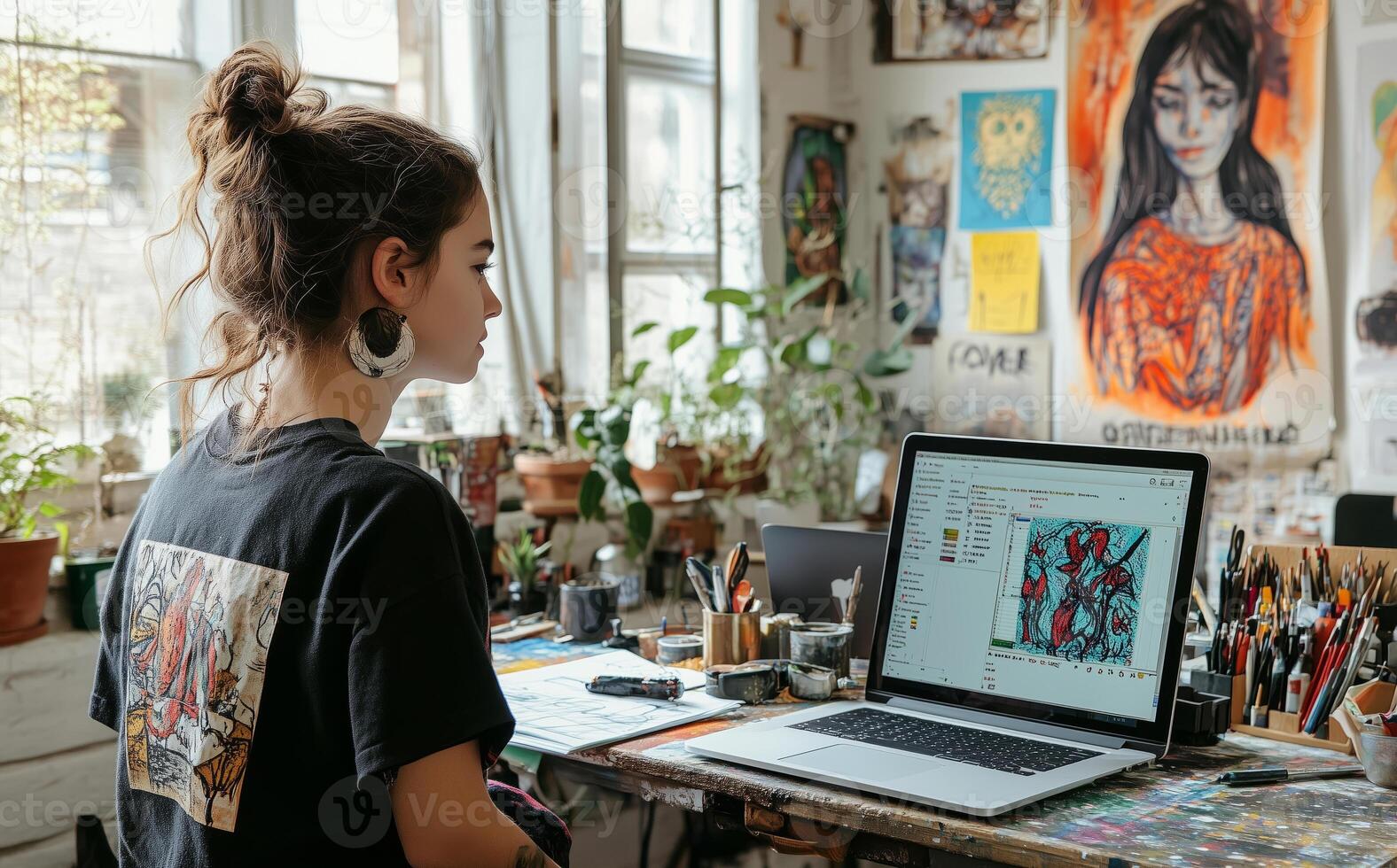 a teenage girl designing custom digital art commissions on a tablet, with her laptop displaying incoming orders and messages, surrounded by colorful sketches and tools photo
