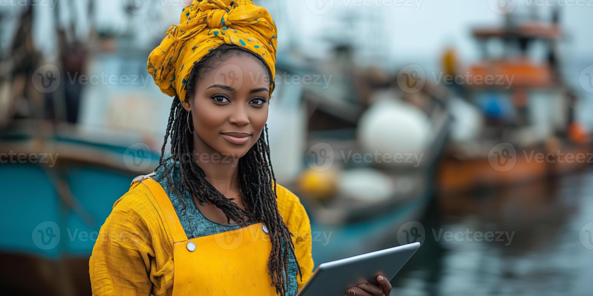 a woman managing a small fisheries cooperative, holding a tablet and discussing logistics with others beside boats, with open water in the background and space on the right for copy placement photo