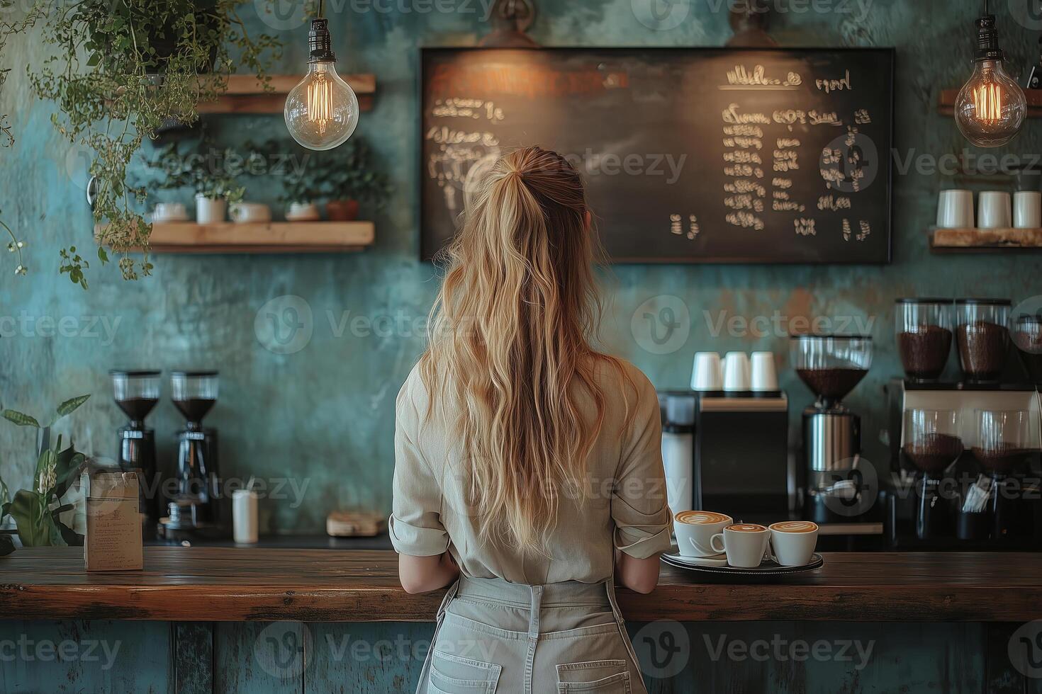 a woman managing a small coffee shop in a rural community, standing behind the counter with a tray of coffee cups, surrounded by rustic decor and warm lighting photo