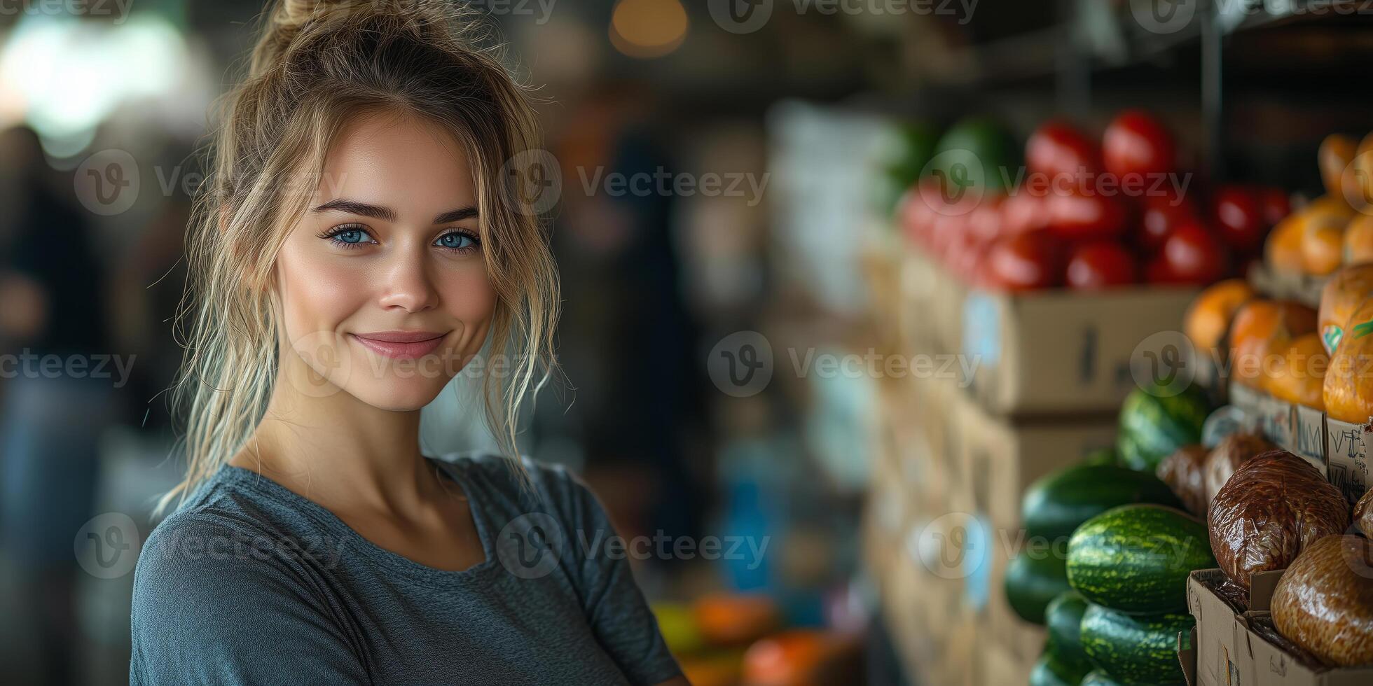 a woman managing a community food bank, organizing volunteers who are packing fresh produce and grains, with a bright and welcoming background and space on the right for text photo