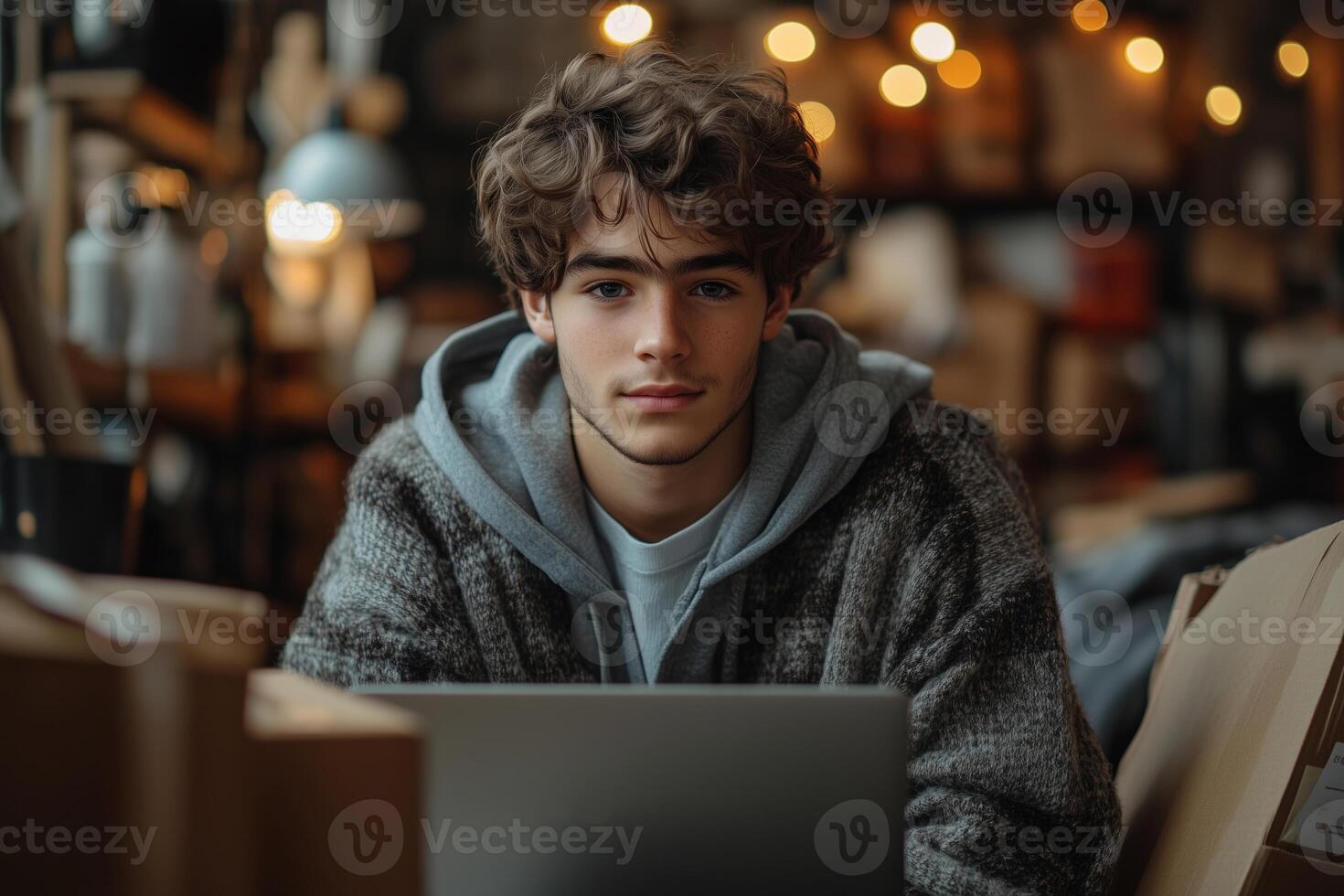 a teen boy managing a dropshipping business, typing on a laptop with packages and inventory in the background, natural light streaming into a cozy room photo