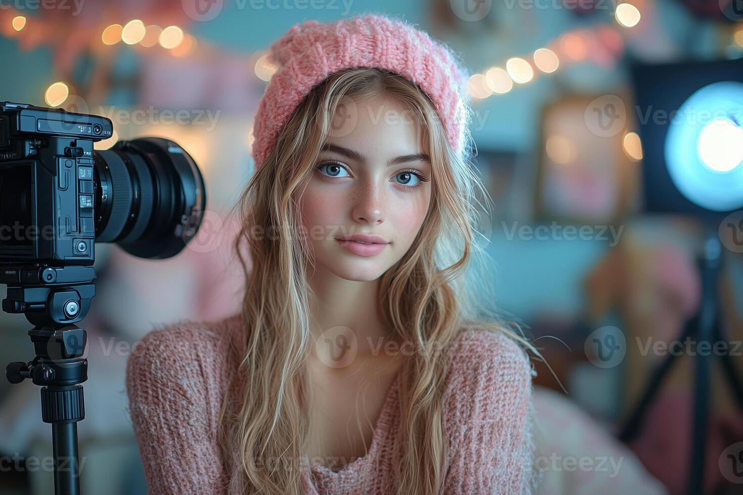 a teenage girl filming a tutorial for her online channel, surrounded by camera equipment, props, and a ring light, with a cheerful and professional vibe photo