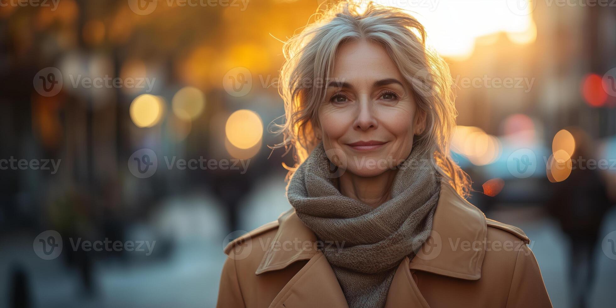 a stylish senior woman wearing a modern trench coat and scarf, walking confidently on a city street, blank space on the right for text, soft golden hour lighting photo