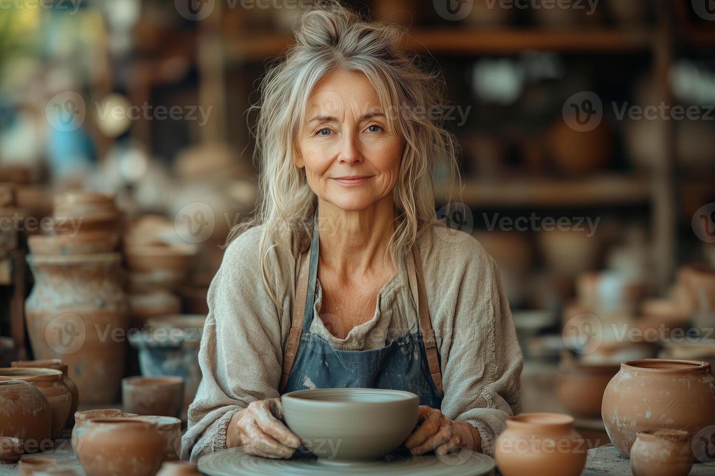 A strong female potter shapes clay on a wheel, embodying leadership and confidence in her busy studio photo