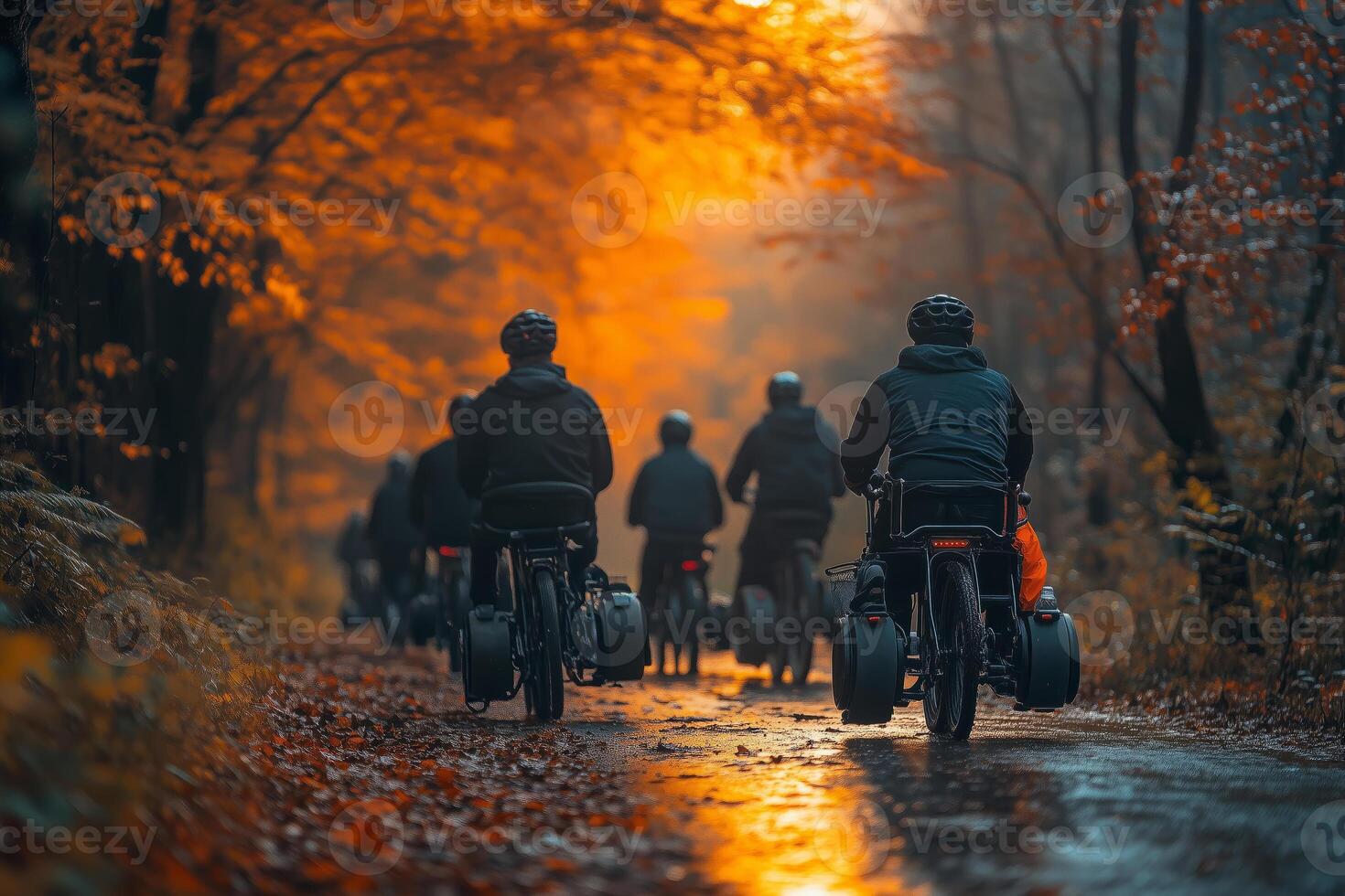 a mixed-ability cycling group on a scenic trail, adaptive bikes included, green nature setting, cheerful mood with warm sunlight photo