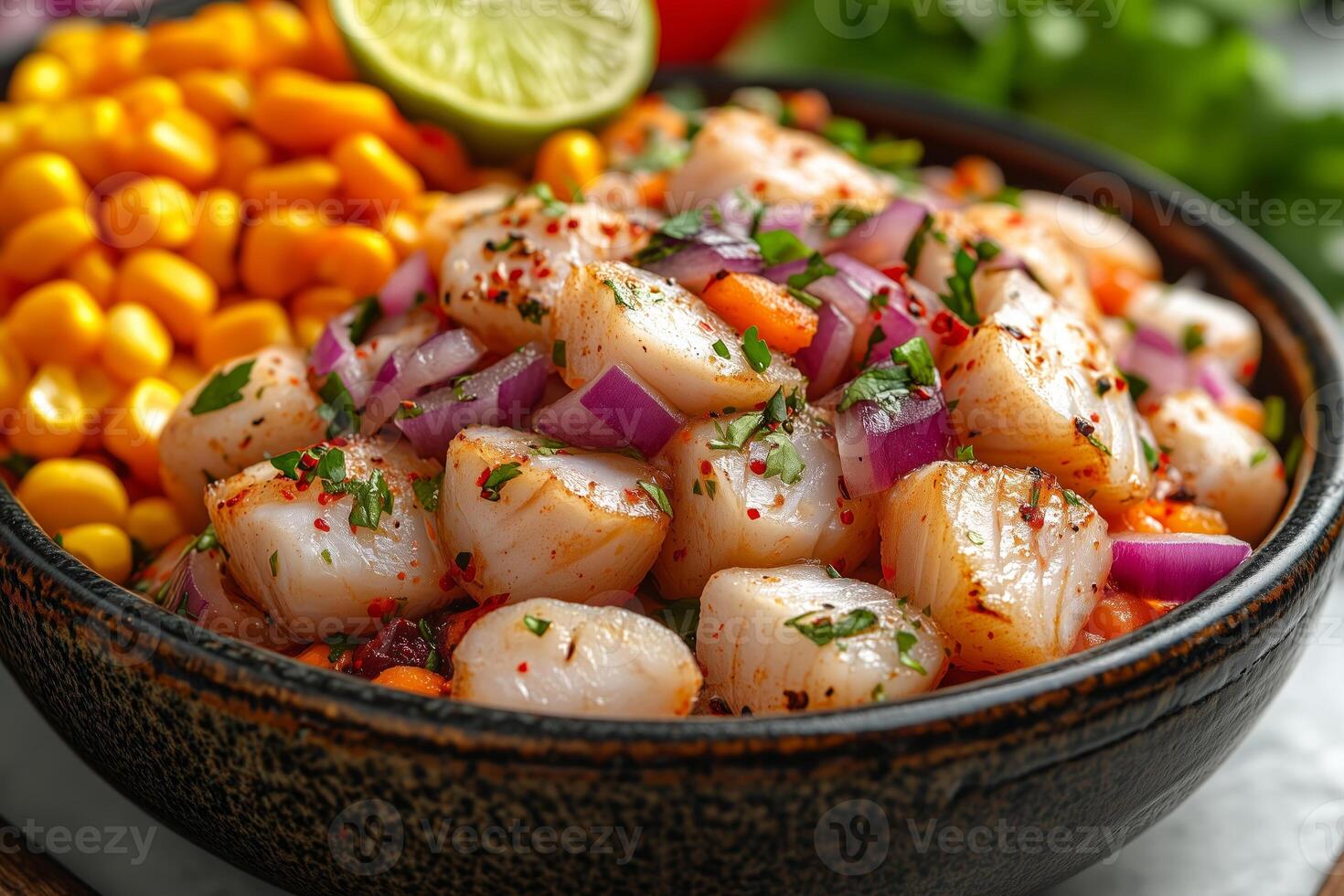 a traditional Peruvian ceviche served in a ceramic bowl, featuring fresh fish, red onions, lime juice, and chili peppers, accompanied by corn and sweet potatoes, with vibrant natural lighting photo