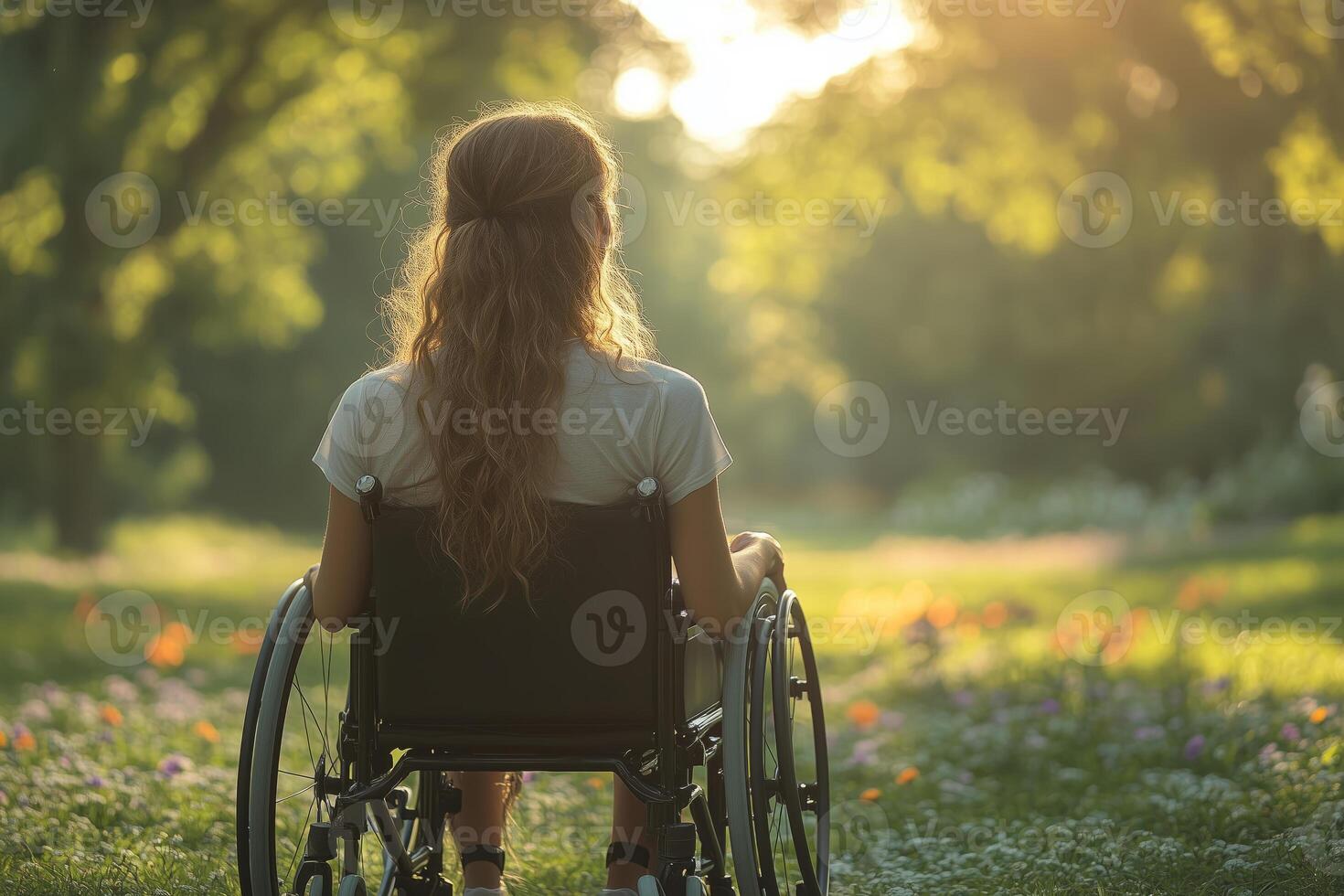 a young woman practicing mindfulness meditation in a wheelchair, serene park setting with trees and flowers, soft golden hour lighting photo