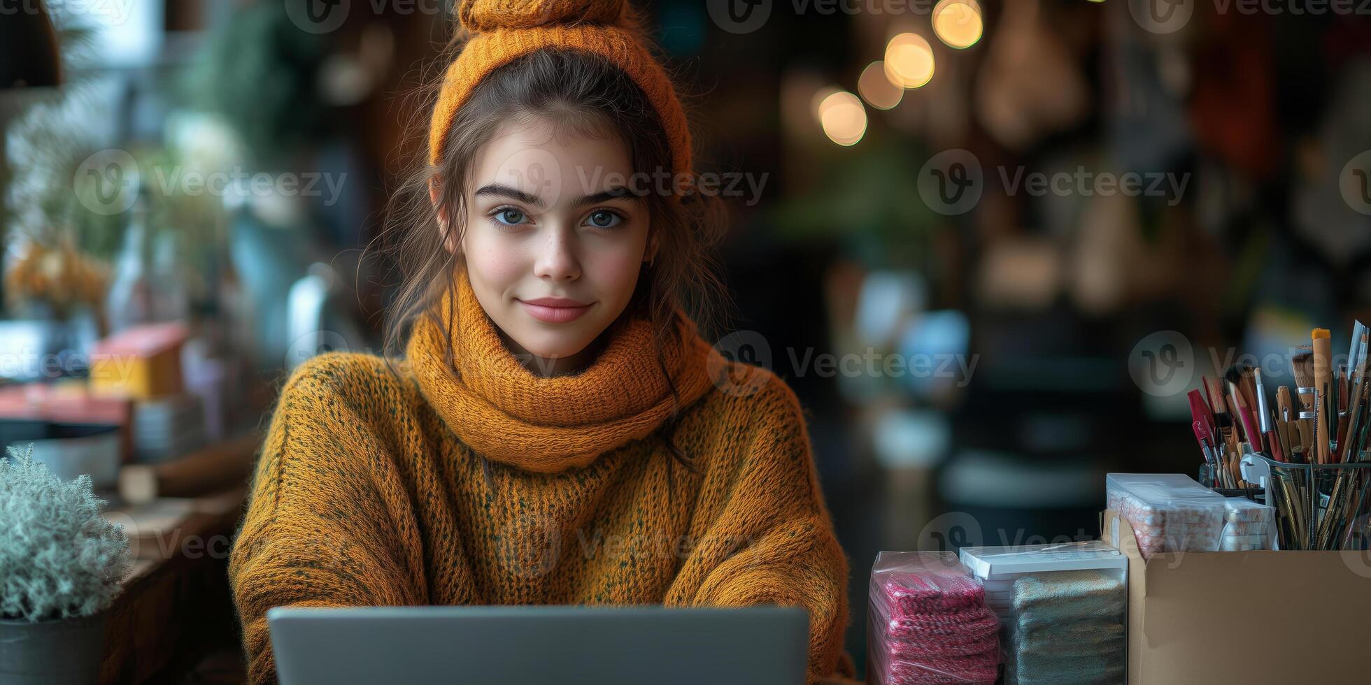 A young entrepreneur brainstorms creative ideas for her handmade craft business, focused on growth photo