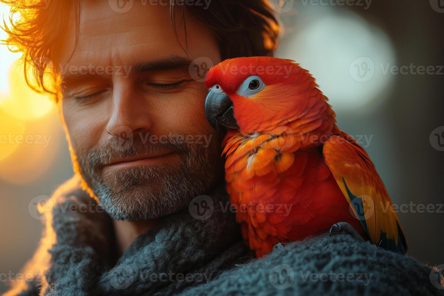 a man enjoying quiet time with his parrot perched on his shoulder, cozy indoor setting with soft ambient light photo