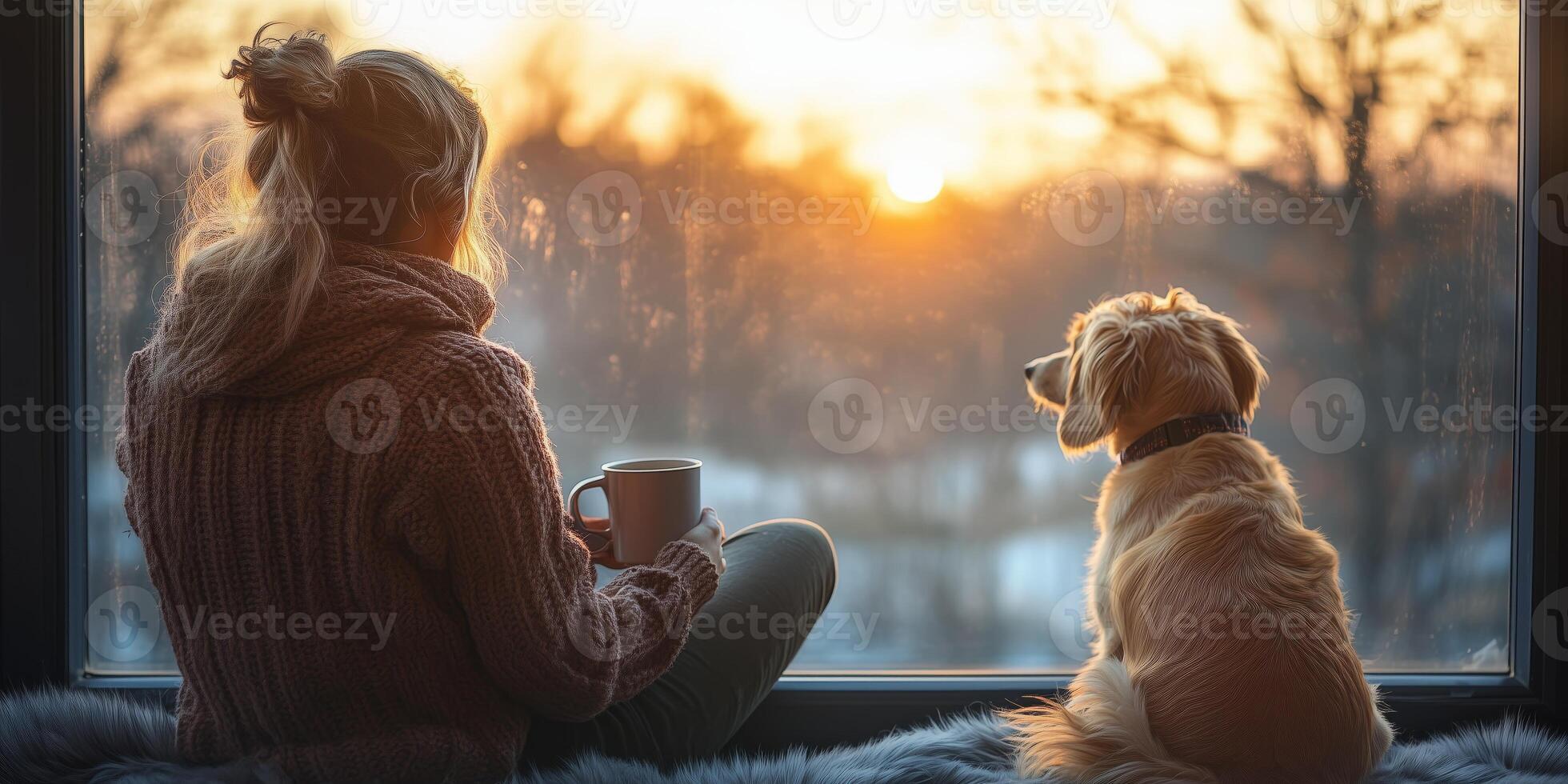 a dog sitting beside its owner, who is holding a coffee cup while watching the sunrise through a large window, peaceful setting with empty right side for text photo