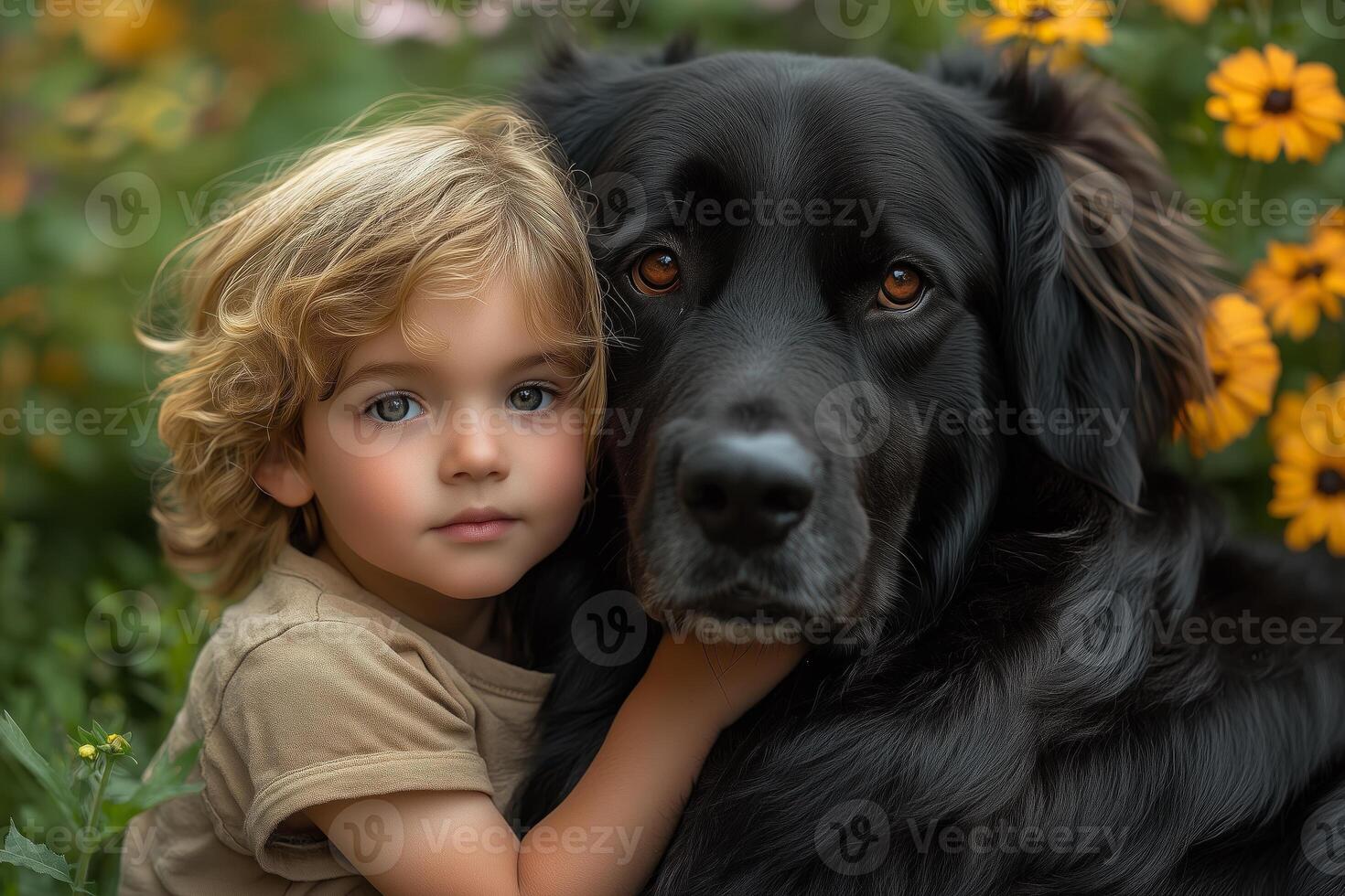 a little boy resting his head on his familys large dog, sitting together in the garden, bright sunny day with green grass and flowers in the background photo