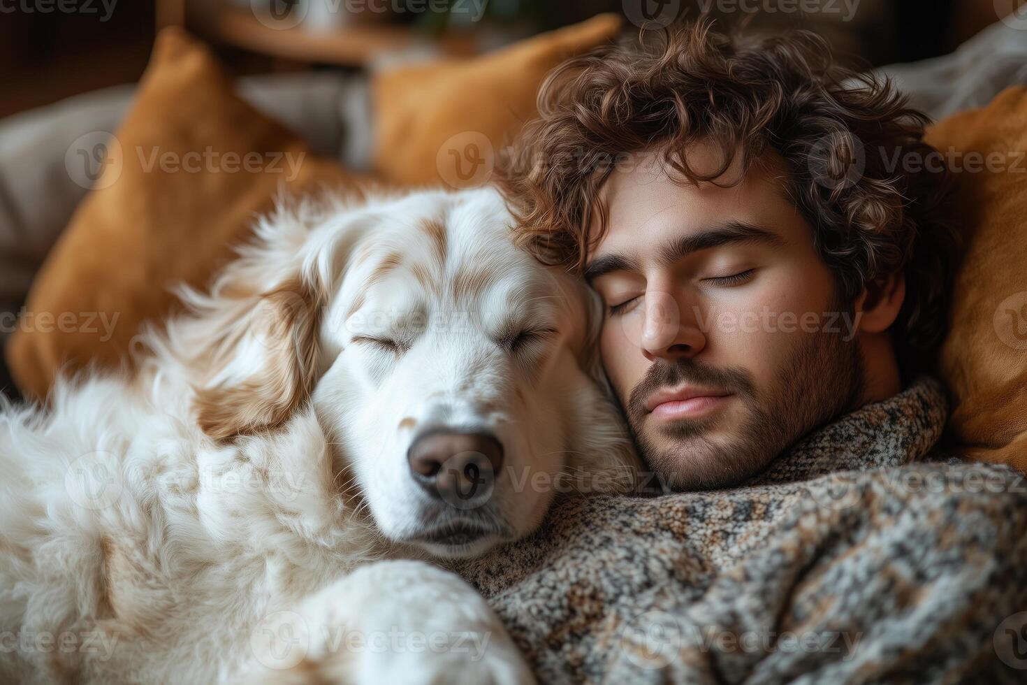 a man relaxing on the floor with his large fluffy dog sprawled across him, warm wooden floors and modern furniture in the background, soft natural lighting photo