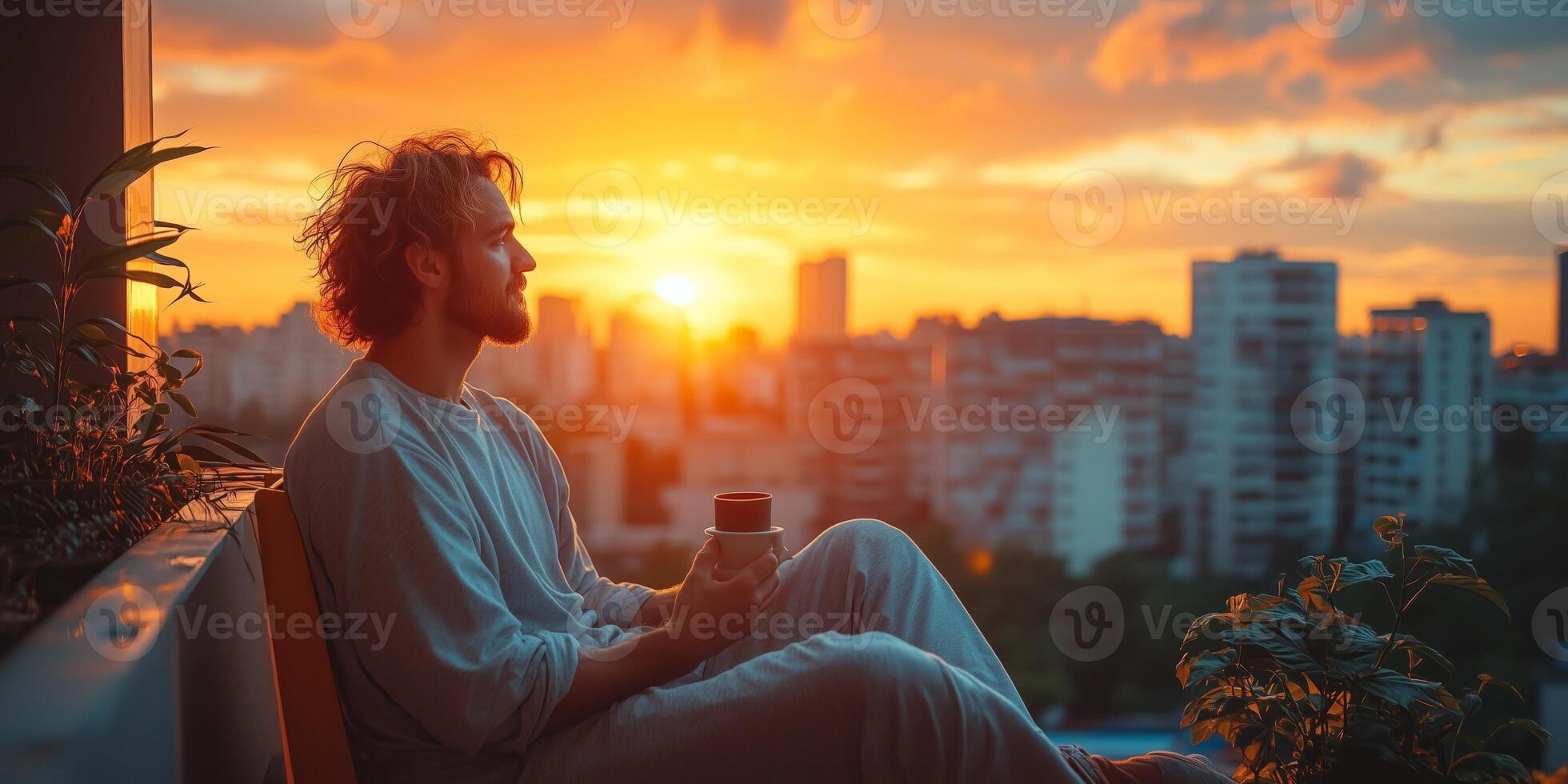 A man in pajamas enjoys a cozy coffee moment on his balcony with a cityscape view photo