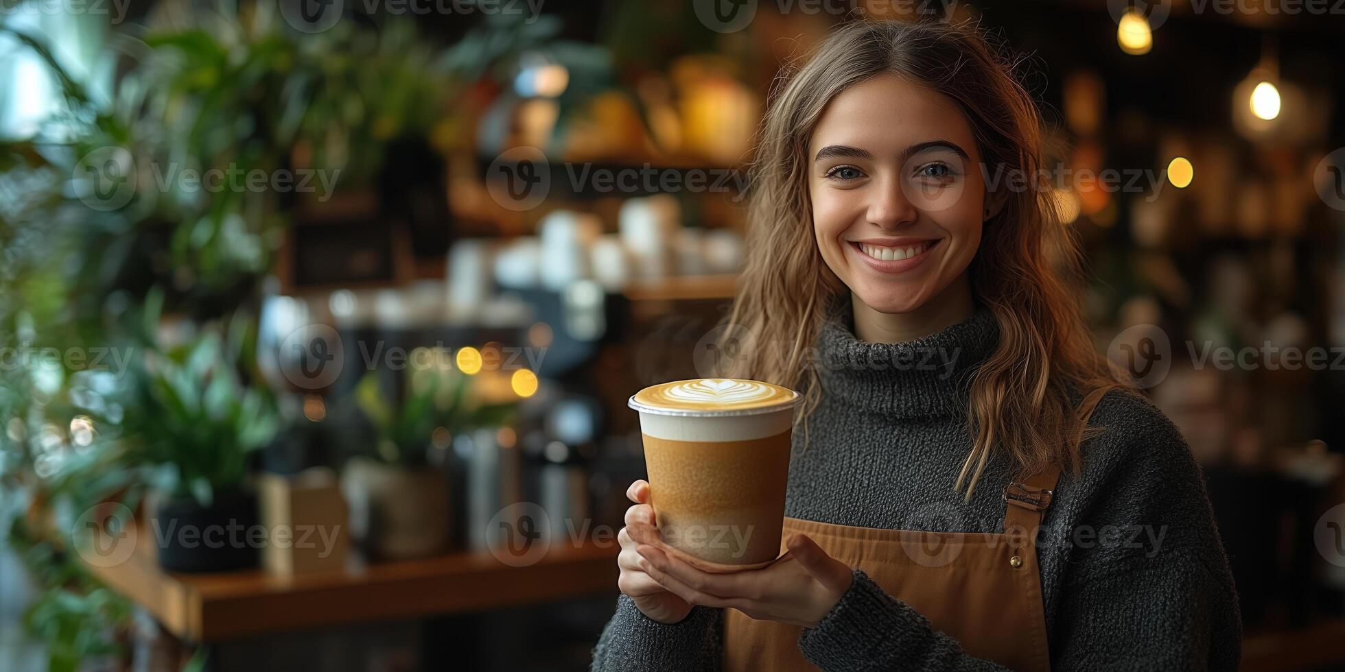 a barista serving a beautifully made cappuccino to a customer in a cozy cafe, modern interior with copy space on the right, warm ambient lighting photo