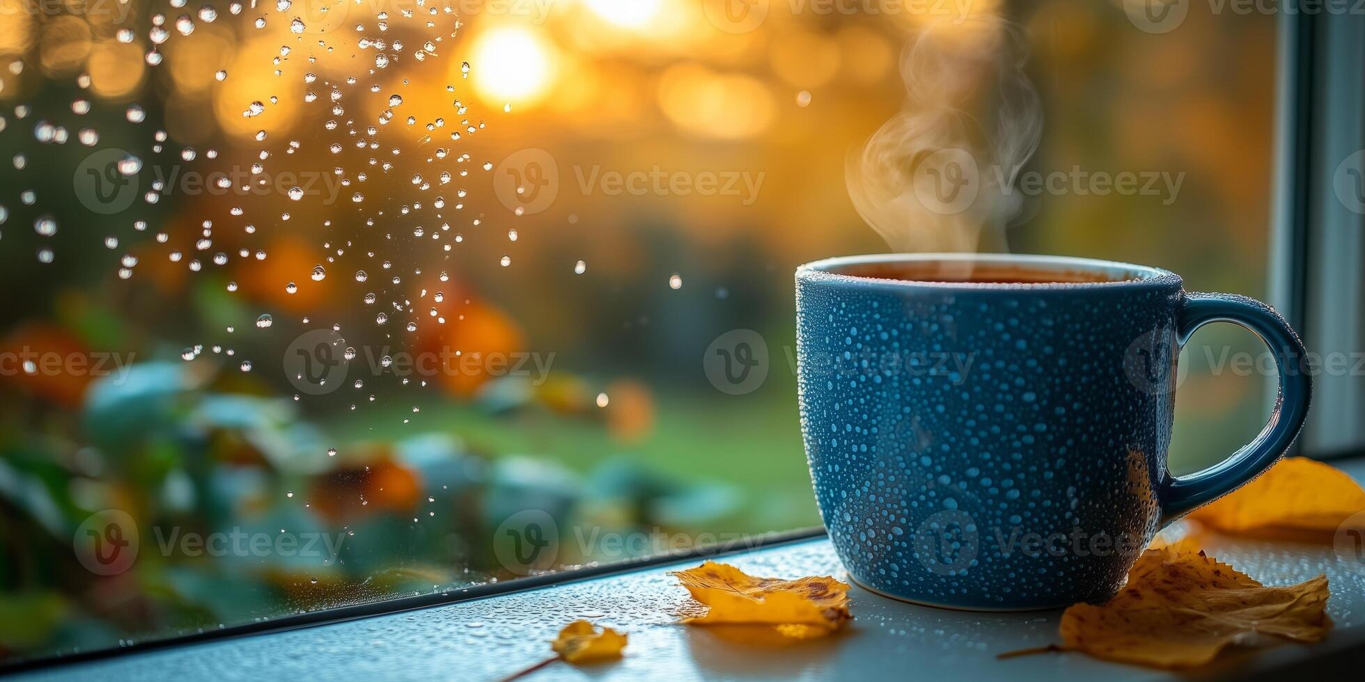 a steaming cup of coffee on a windowsill, with dew covered glass and soft morning light in the background photo
