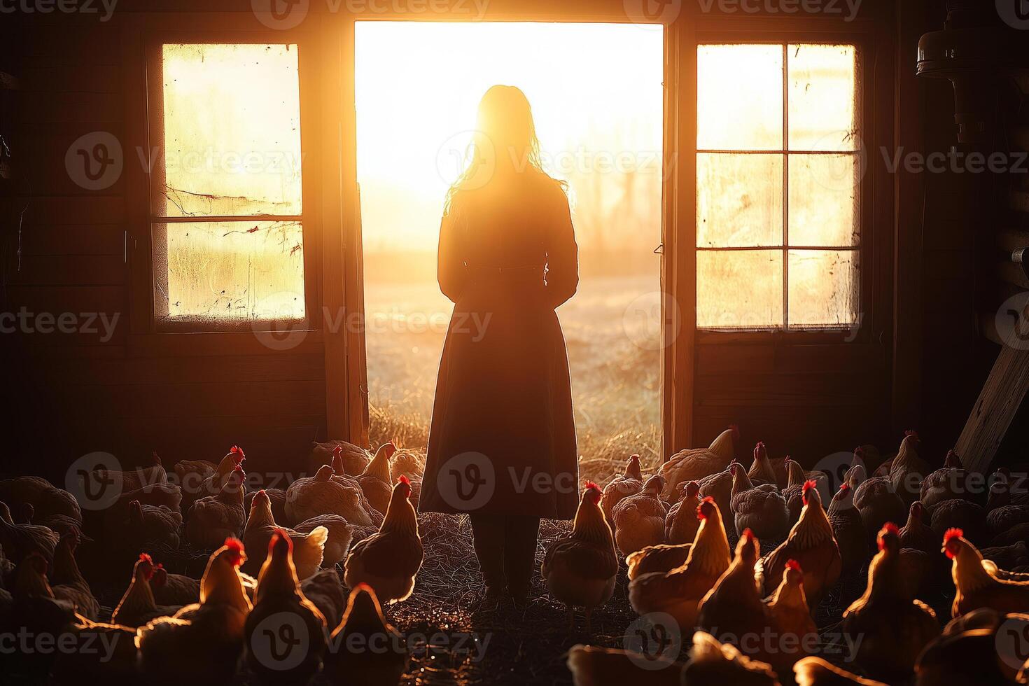 a female poultry farmer walking through a chicken coop, inspecting free-range chickens, with sunlight streaming through windows photo