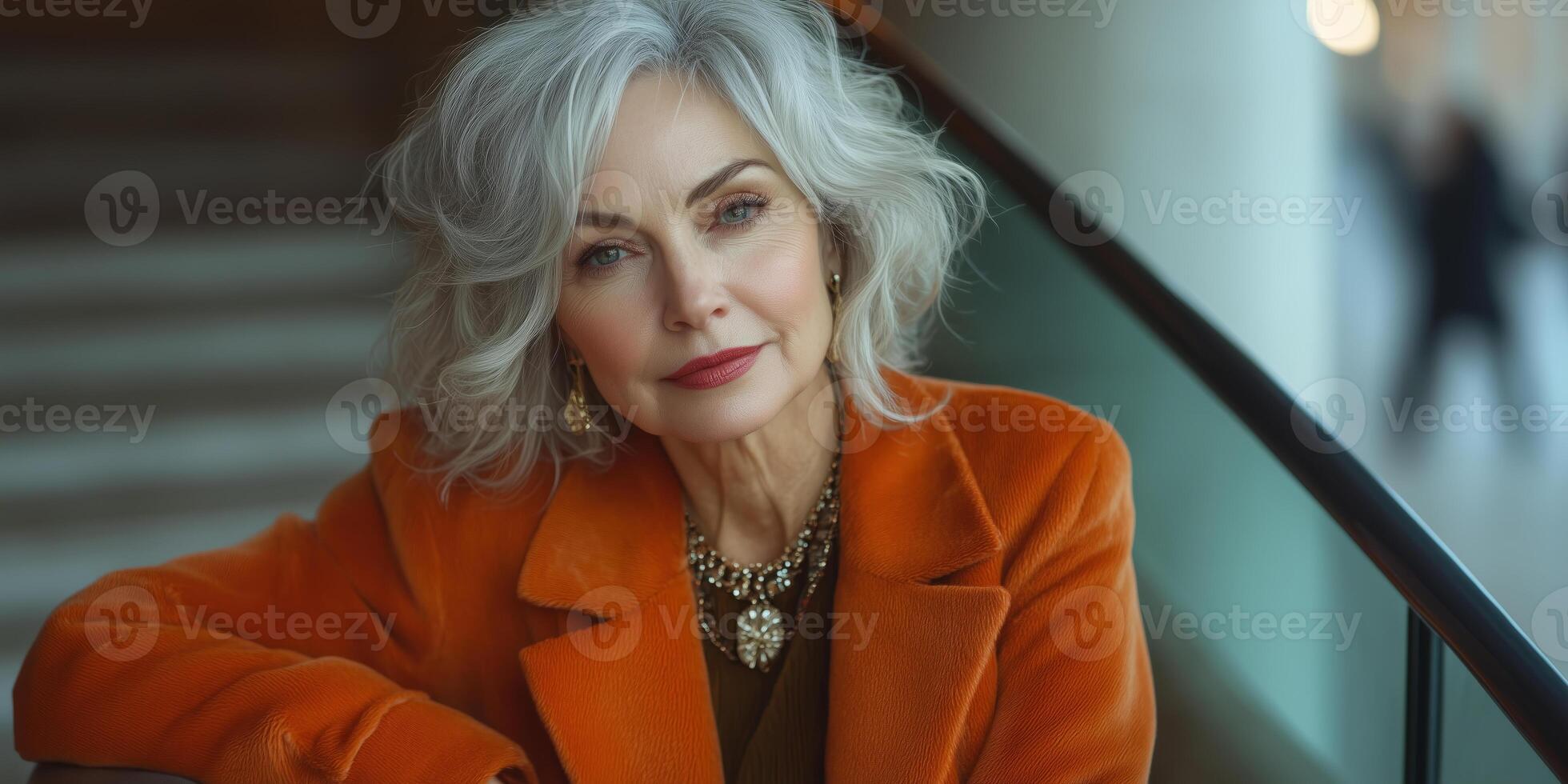 a fashionable senior woman in a long coat and statement jewelry, posing confidently on a staircase photo