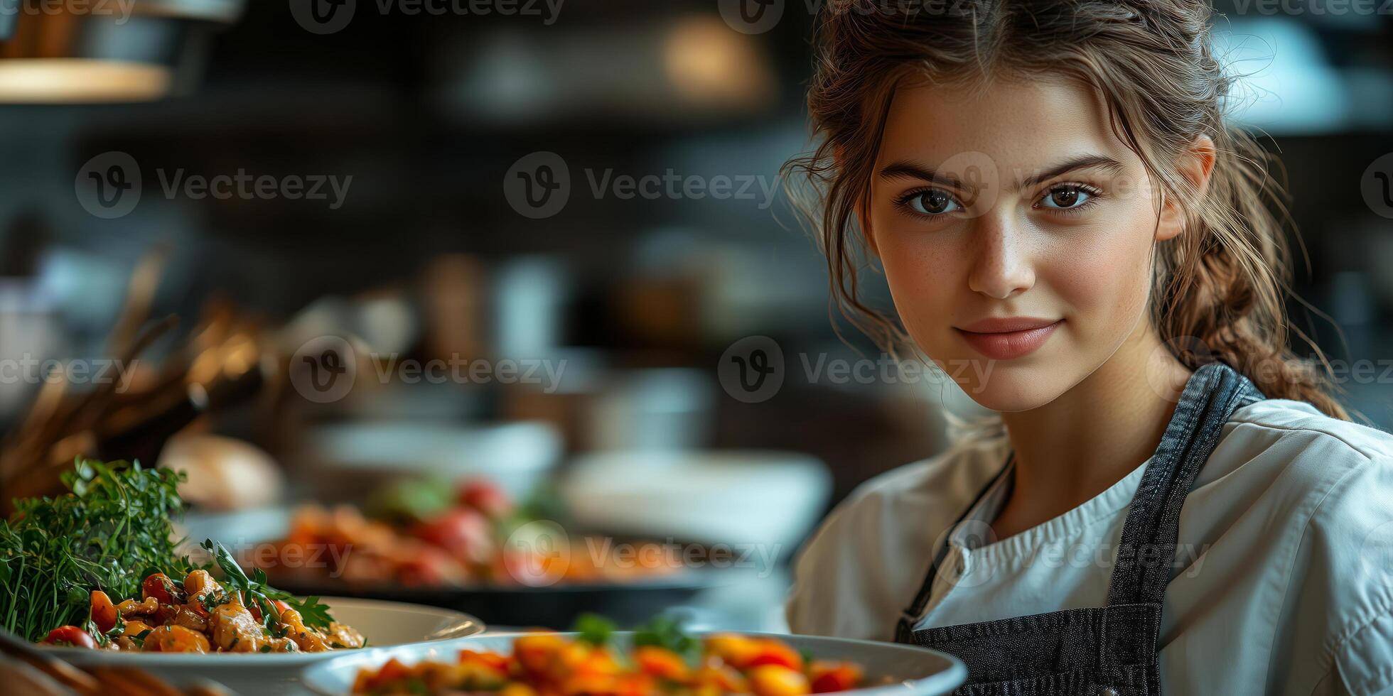 a teenage chef preparing a unique dish in a home kitchen, surrounded by fresh ingredients, utensils, and colorful plating, with clear room on the right for text photo