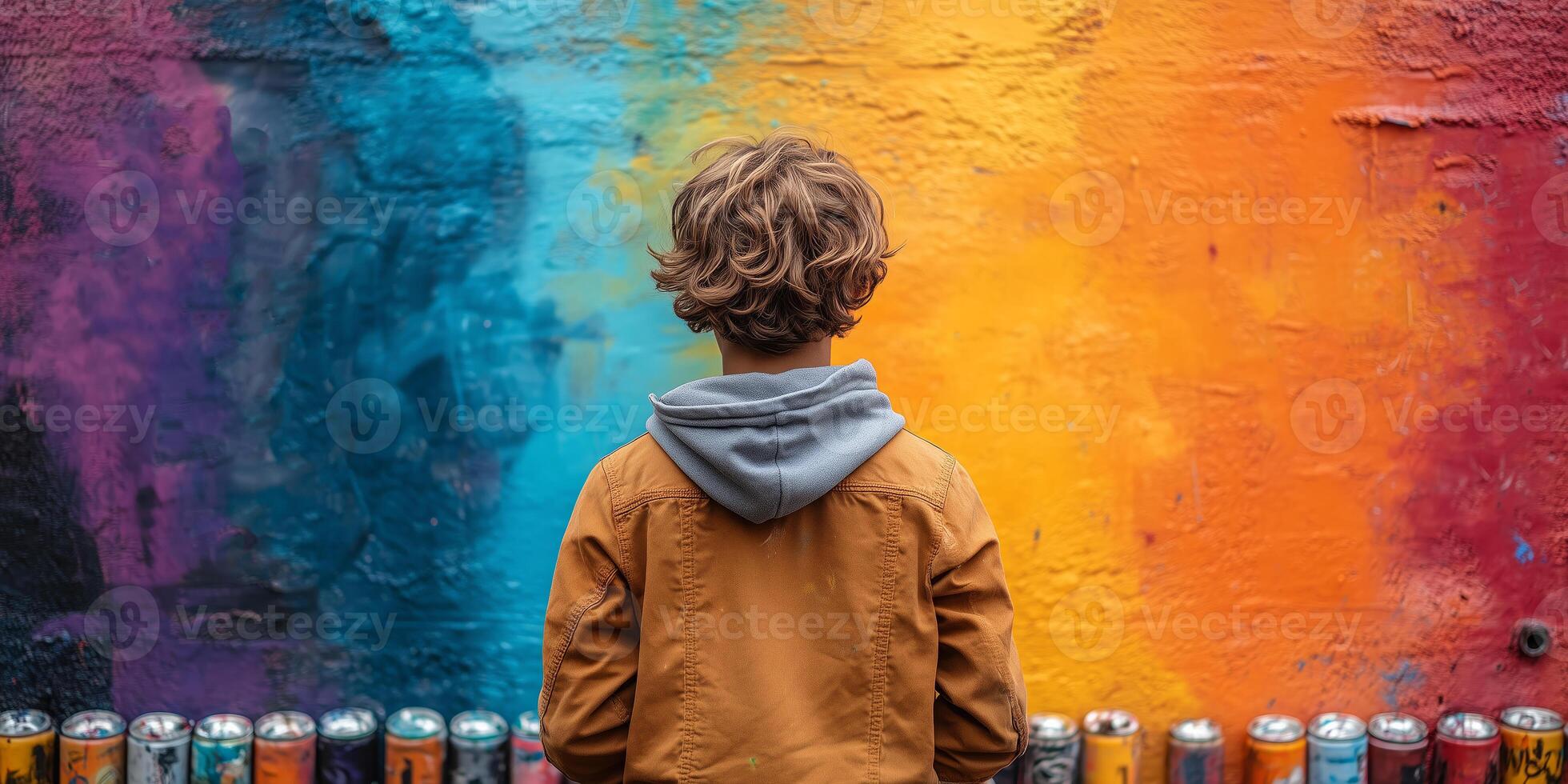 a teenage artist painting a vibrant mural on a wall, surrounded by spray paint cans and sketches photo