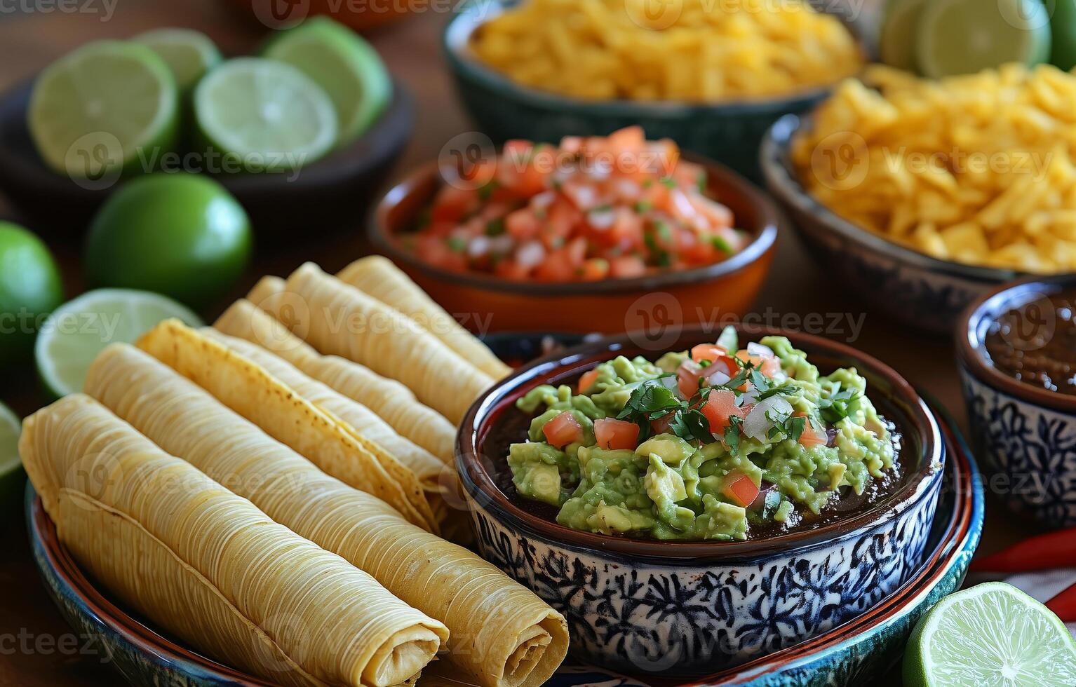a traditional Mexican meal, with tacos, tamales, guacamole, and mole sauce, arranged on ceramic plates photo