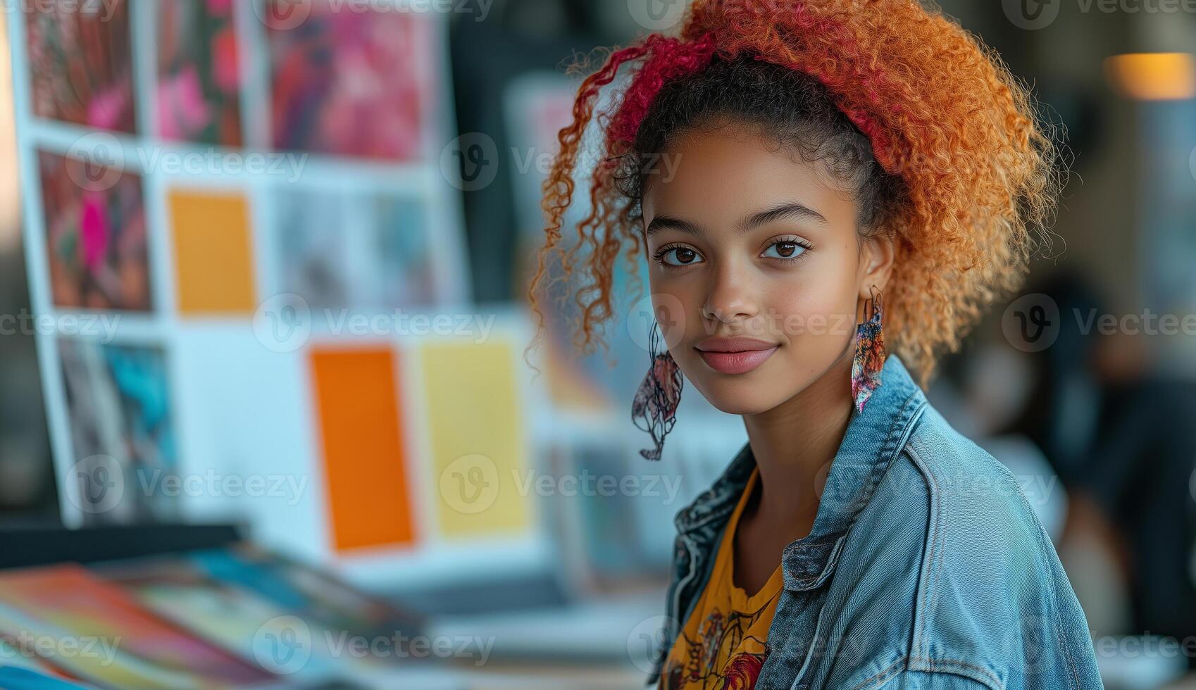 a teenage graphic designer sketching on a digital tablet, surrounded by color swatches, design books, and a laptop displaying creative software, with bright natural lighting photo
