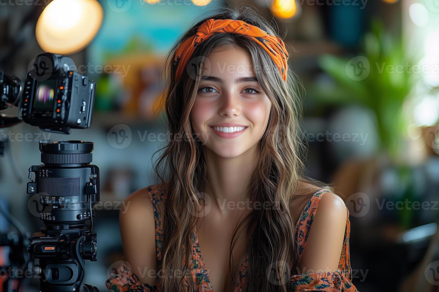 a teenage girl filming a tutorial for her online channel, surrounded by camera equipment photo