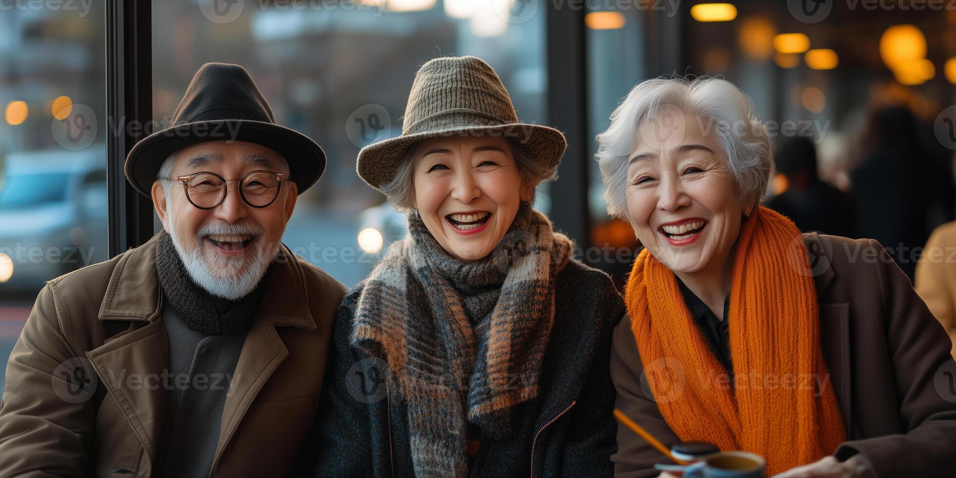 a stylish senior group in trendy casual wear, laughing together at a cafe, modern cityscape in the background, right side empty for text, bright daylight photo
