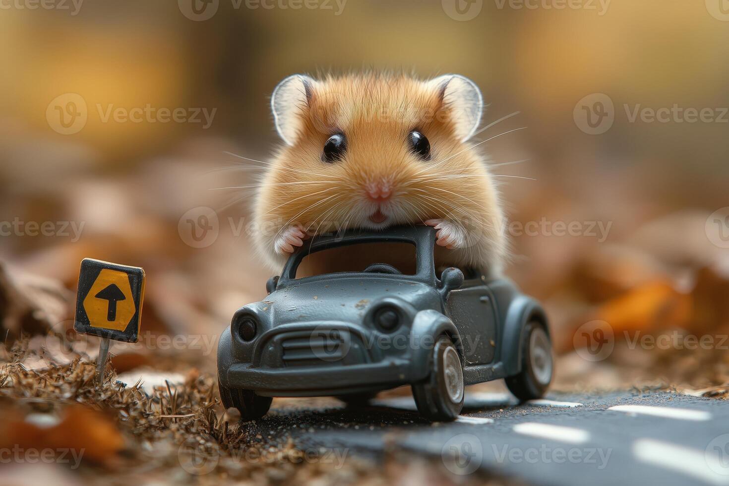 A hamster is playfully riding a miniature toy car, speeding down a cozy, fun road photo
