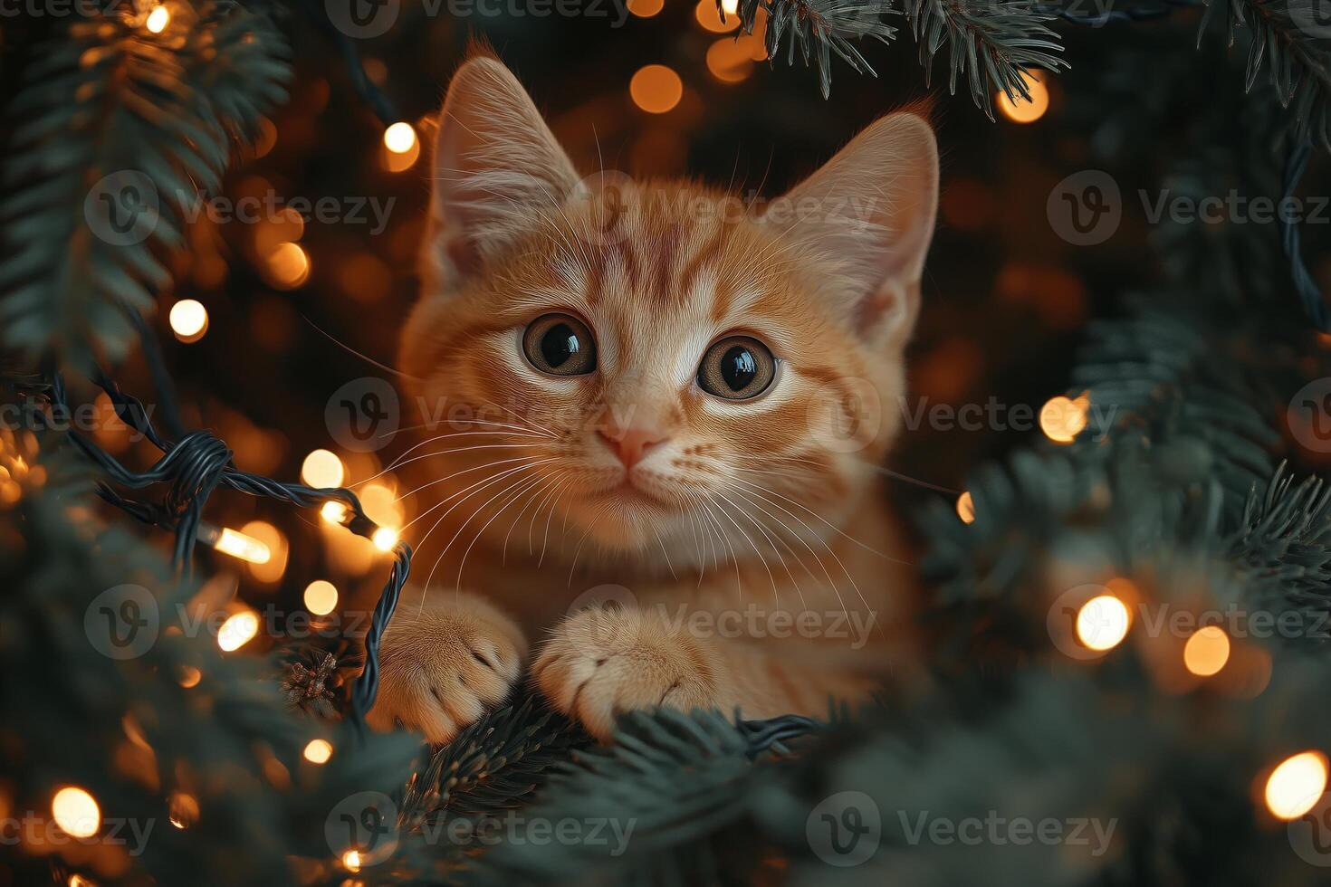 A cute domestic cat playfully explores the Christmas tree branches photo