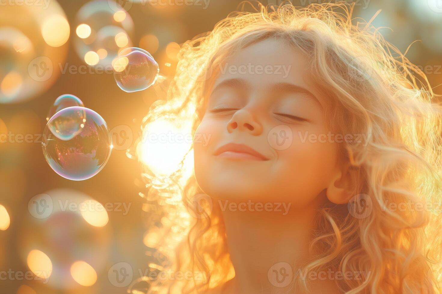 A delighted child blows bubbles, the sunlight illuminating a magical, euphoric scene photo