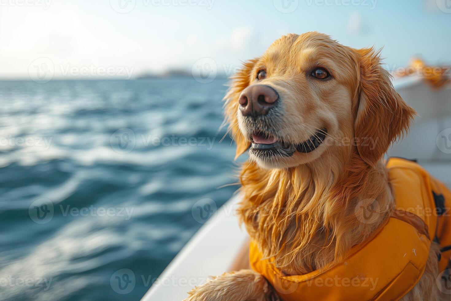 a golden retriever wearing a life jacket, standing at the bow of a yacht, looking at the water with excitement, clear blue sky and ocean background, bright sunlight photo