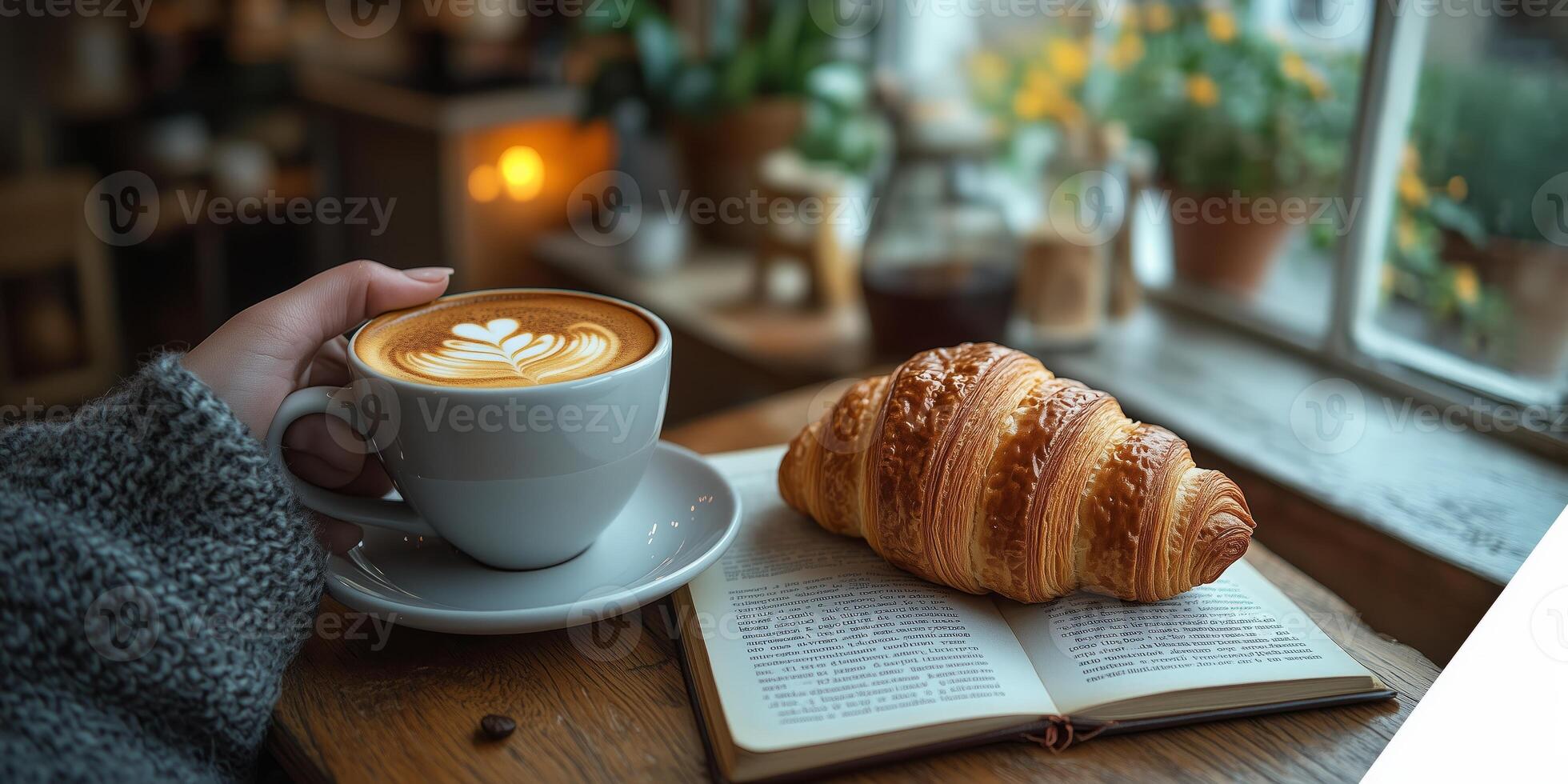 a hand holding a coffee cup over a wooden table with a croissant and an open book, minimalistic kitchen in the background, empty right side for text, warm natural light photo