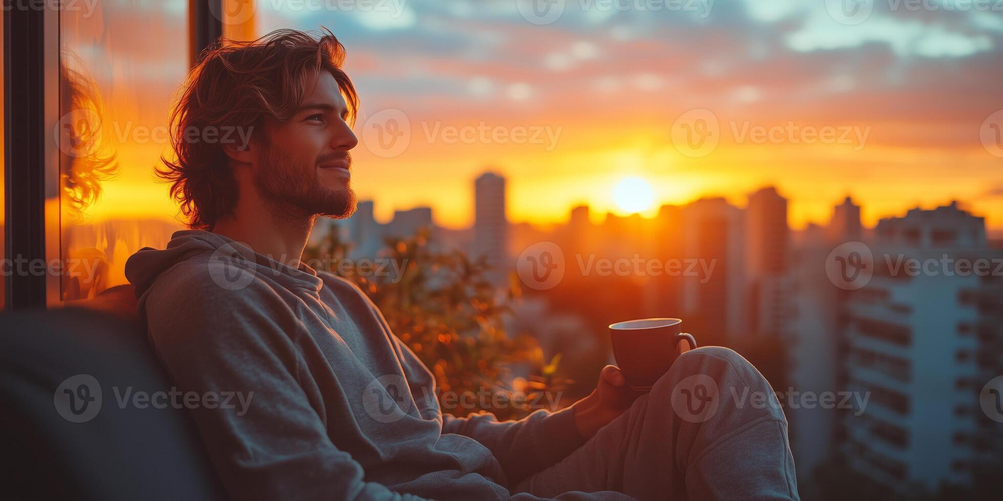 A man sips coffee on his balcony, wearing pajamas and enjoying a beautiful cityscape photo