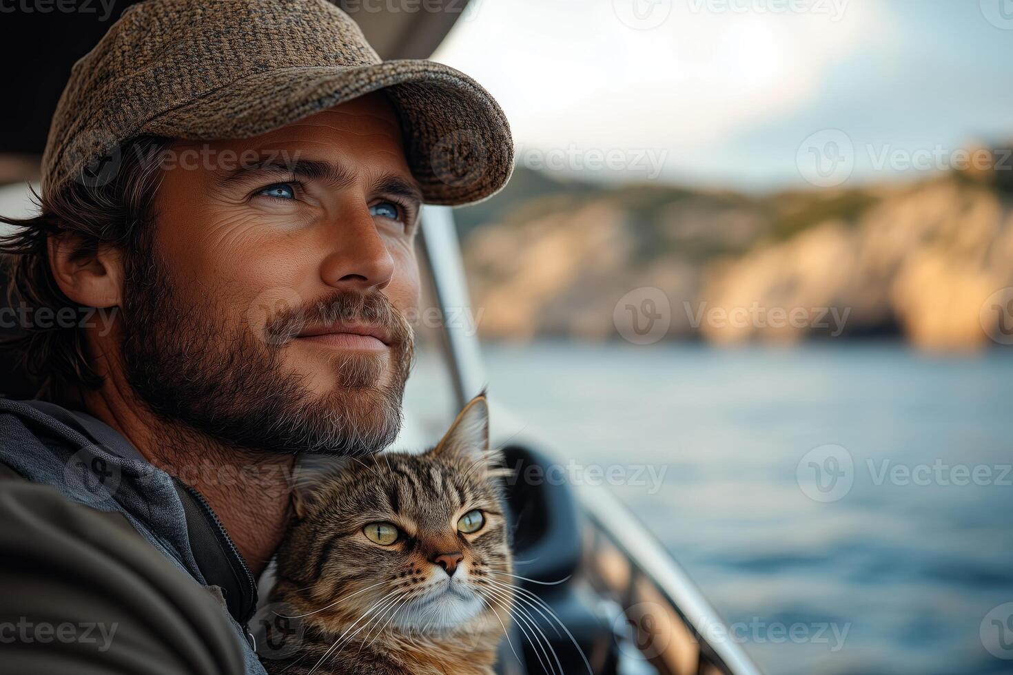 a man steering a yacht with his cat sitting on the console, curious expression on the cats face, open sea and horizon in the background, bright natural light photo