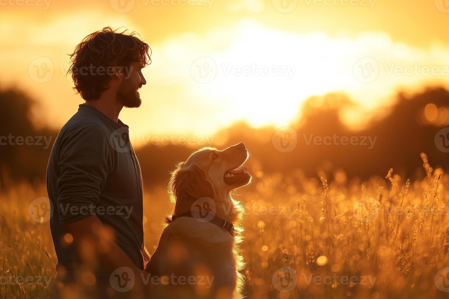 a man and his dog are in a field, both looking happy and engaged, golden sunlight casting long shadows across the grass photo