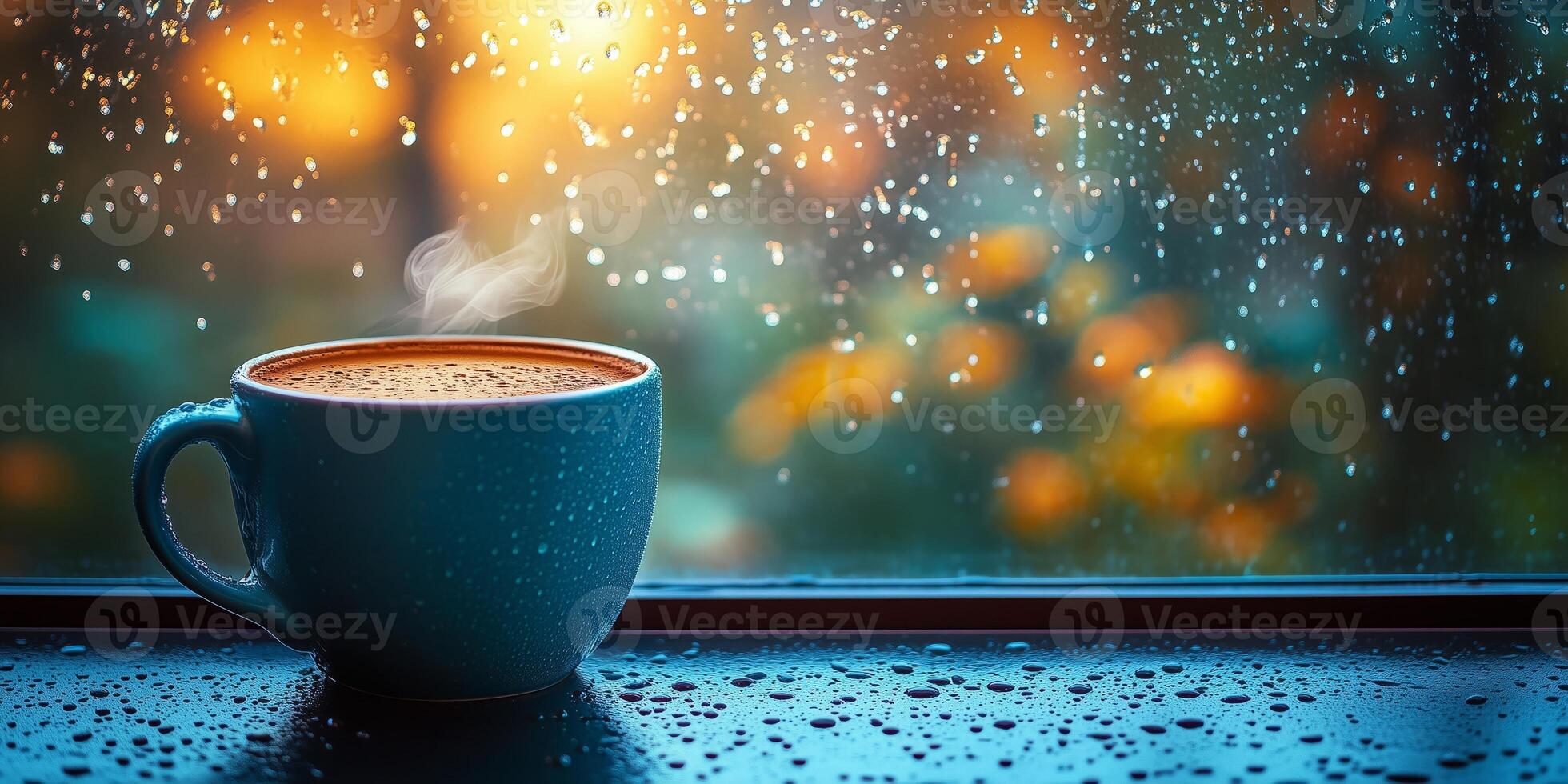 A cozy cup of coffee sits on the windowsill, with morning dew gently forming on the glass photo