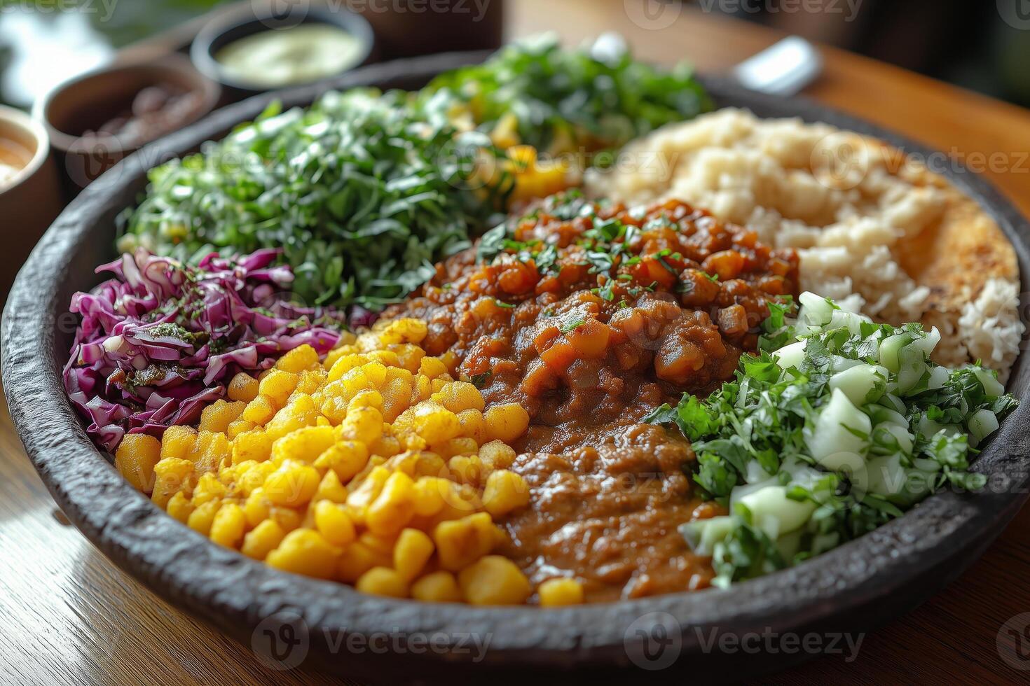 a traditional Ethiopian meal served on a large injera platter, topped with colorful wot and surrounded by small bowls of fresh salads, on a low wooden table with warm lighting photo