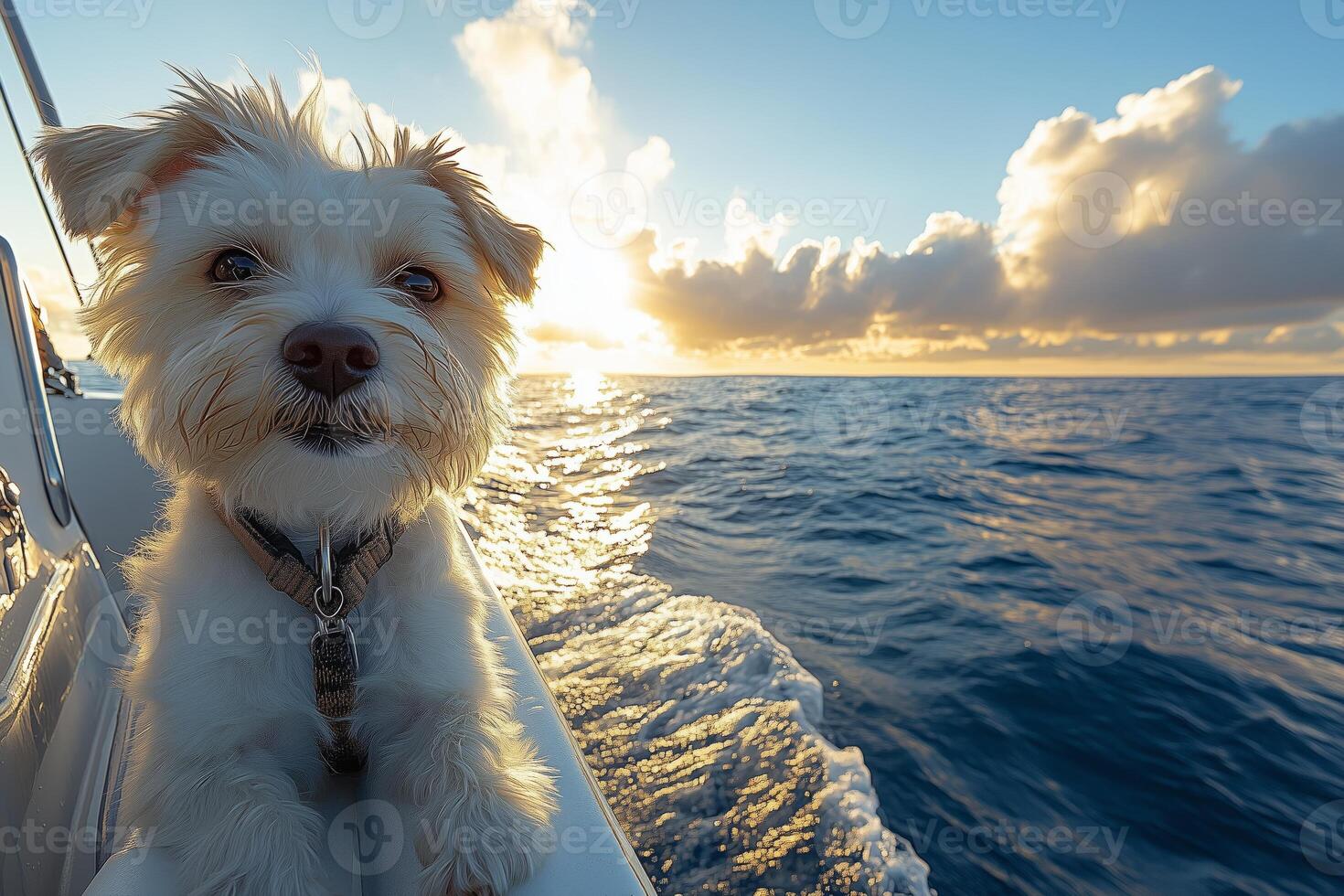 A cute dog relaxes on the yacht deck, taking in the serene sea views photo