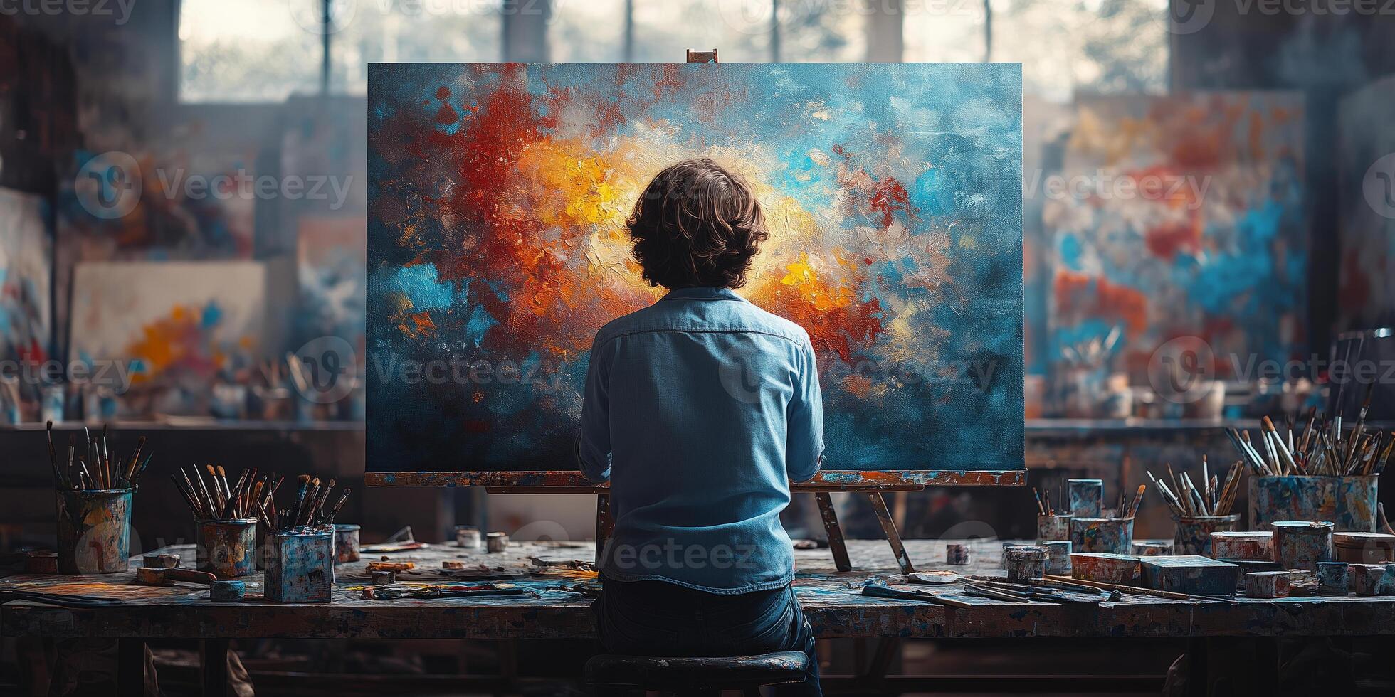 a teenage artist painting a large canvas in a bright studio, surrounded by brushes, paint splatters, and art supplies photo