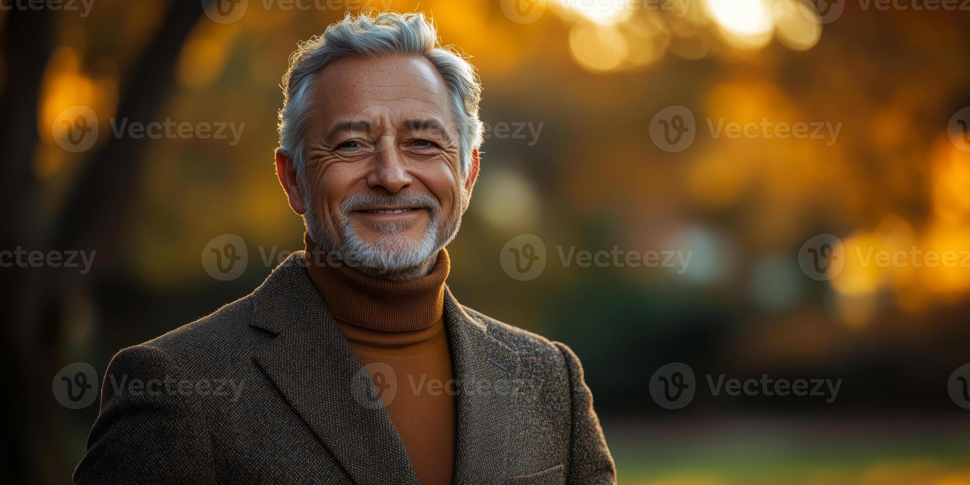 a senior man in a tailored blazer and turtleneck, smiling confidently outdoors, lush park background with copy space on the right, warm afternoon light photo