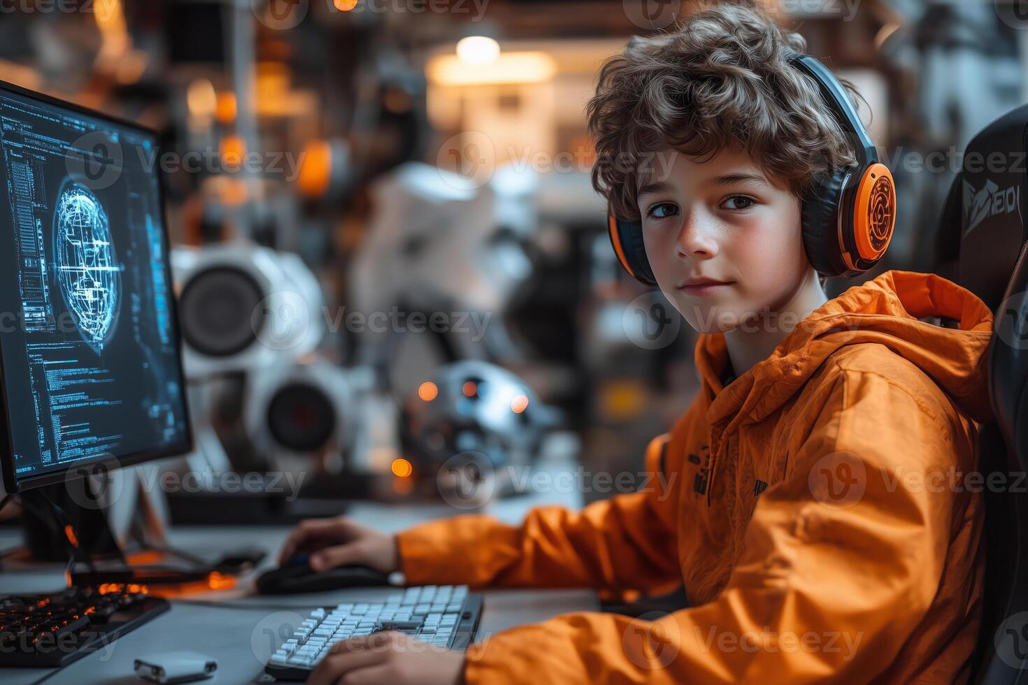 a teen boy creating a 3D model on a computer, wearing headphones and working on a futuristic design, with a modern gaming chair photo