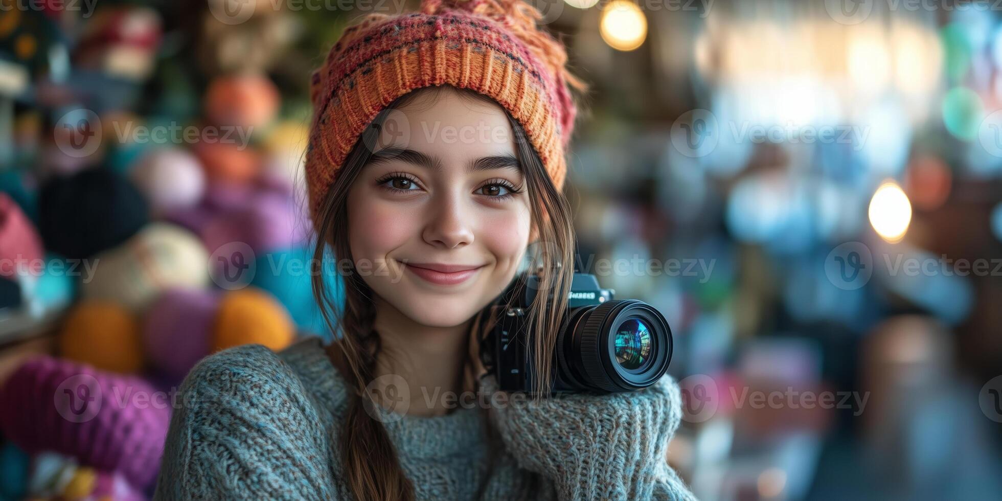 a teenage girl taking product photos for her handmade crafts, using a camera and lightbox, surrounded by colorful materials, with ample space on the right for copy placement