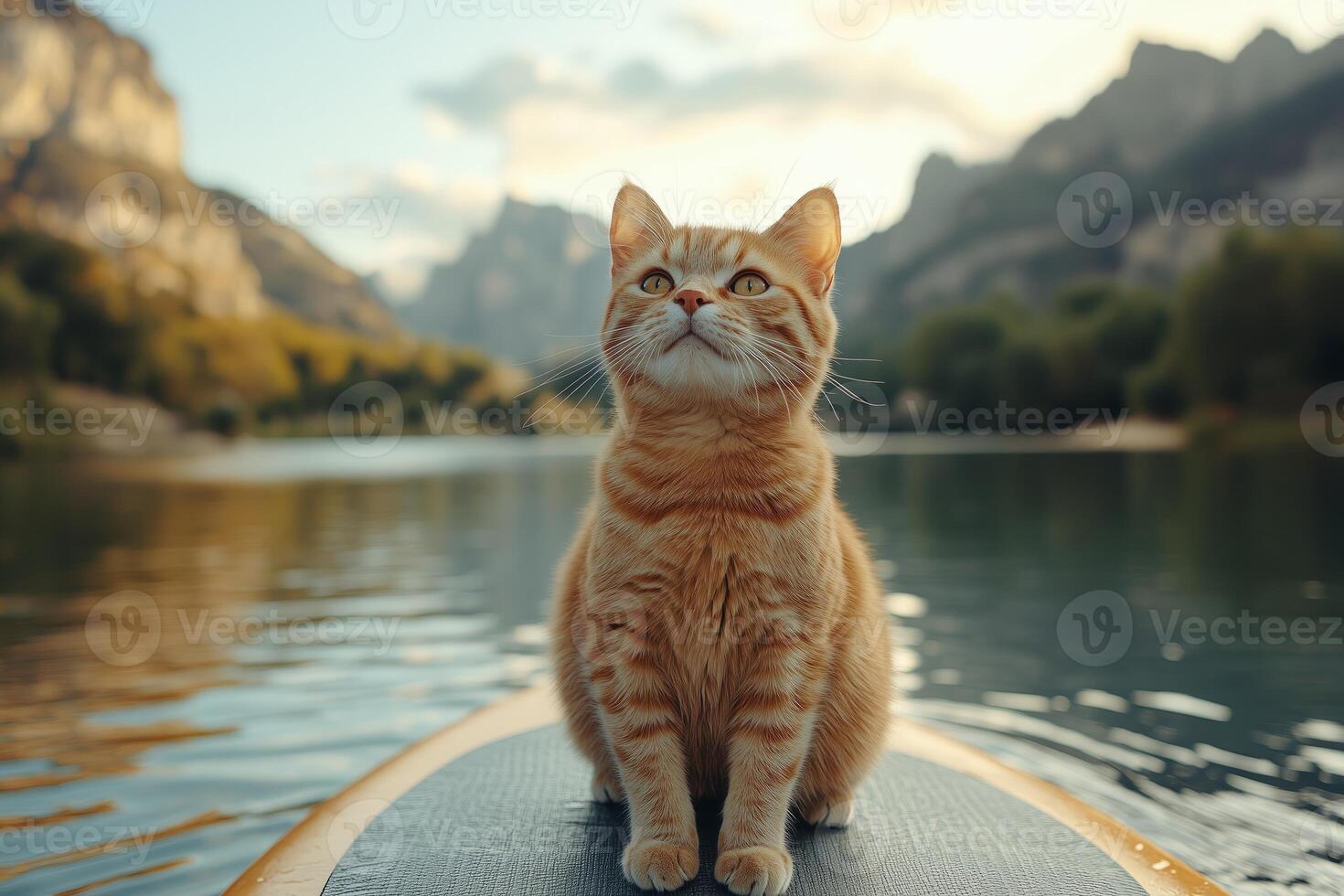 a cat perched confidently on a paddleboard in the middle of a calm lake, scenic mountain backdrop with soft golden hour lighting photo