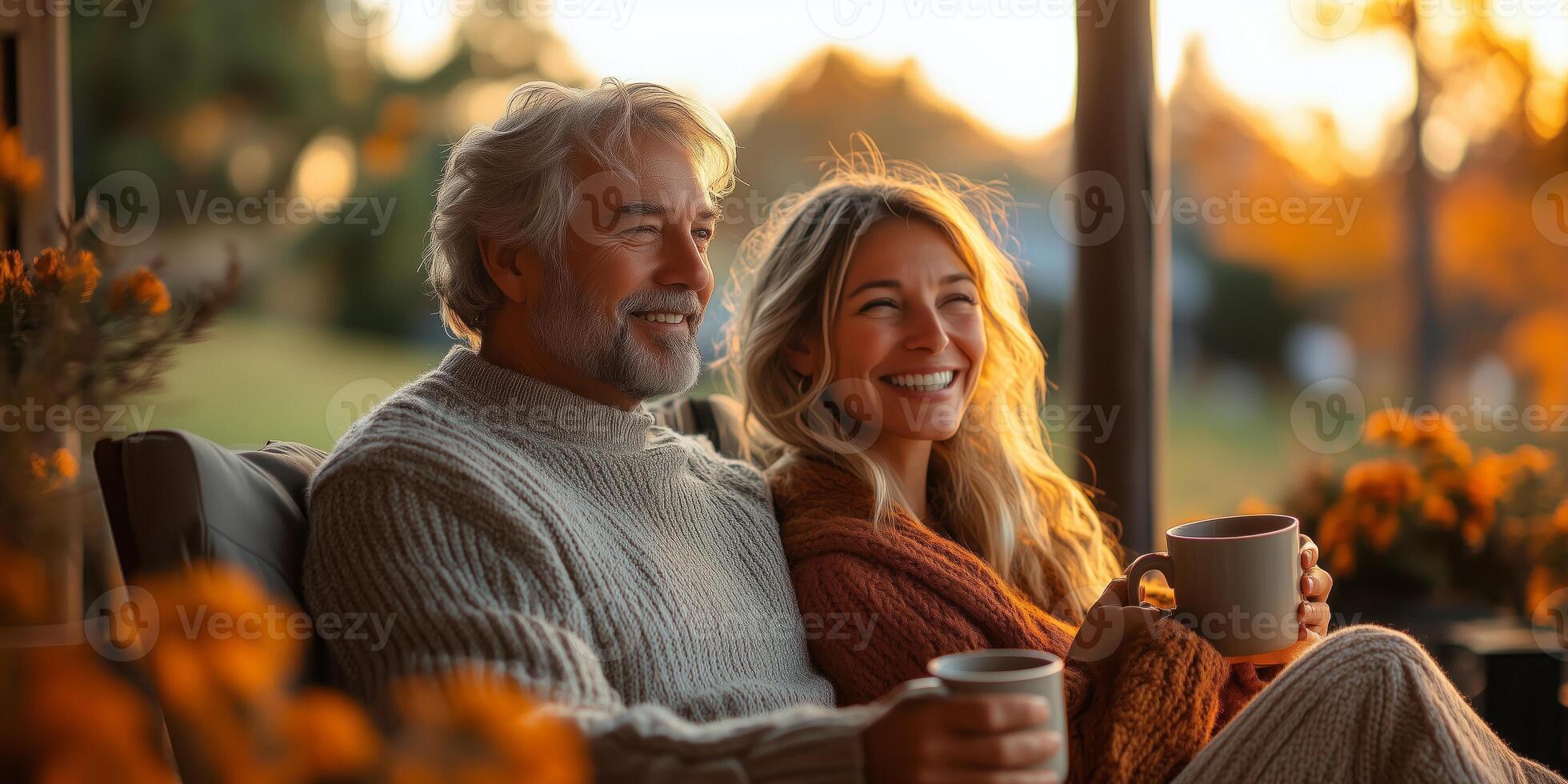 a couple sitting on their porch, clinking coffee mugs and laughing, scenic morning backdrop with blank right side for copy space, soft warm lighting photo